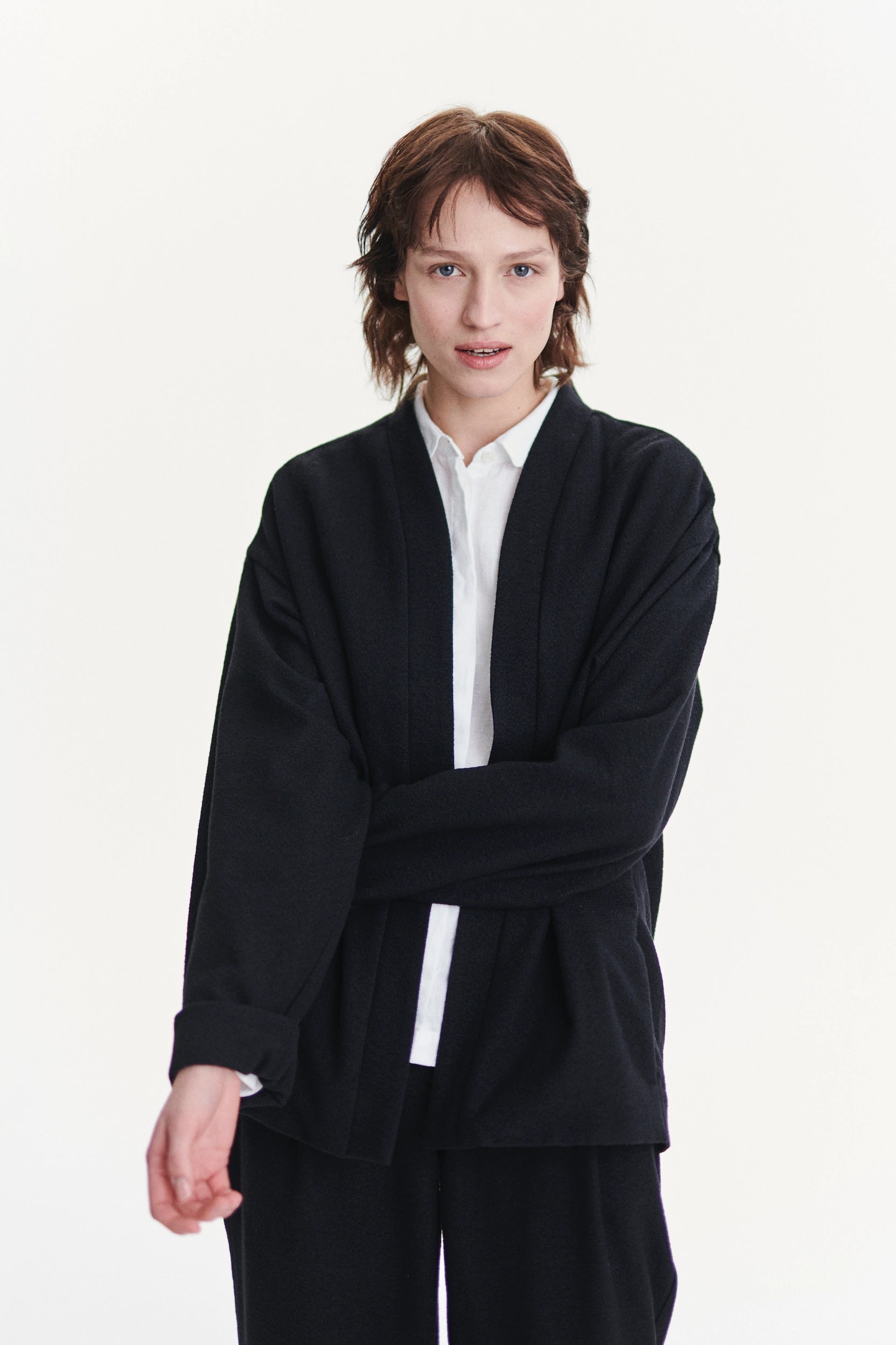 Minimal Kimono in a Black Italian Cotton and Virgin Wool Seersucker
