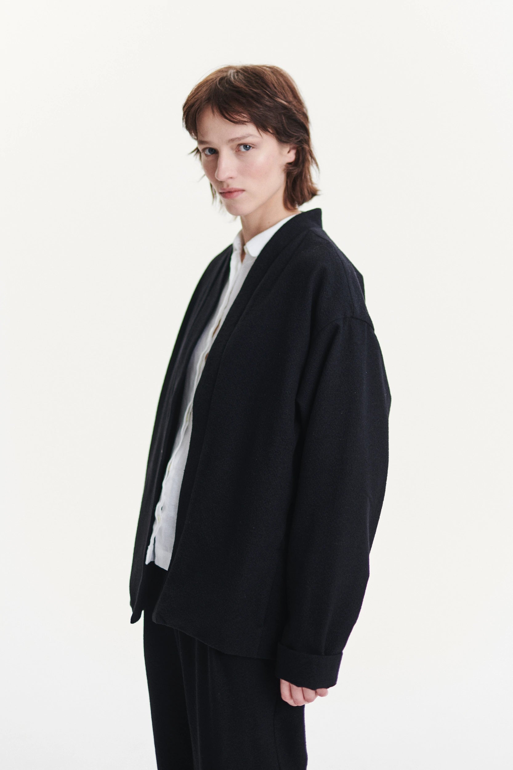 Minimal Kimono in a Black Italian Cotton and Virgin Wool Seersucker