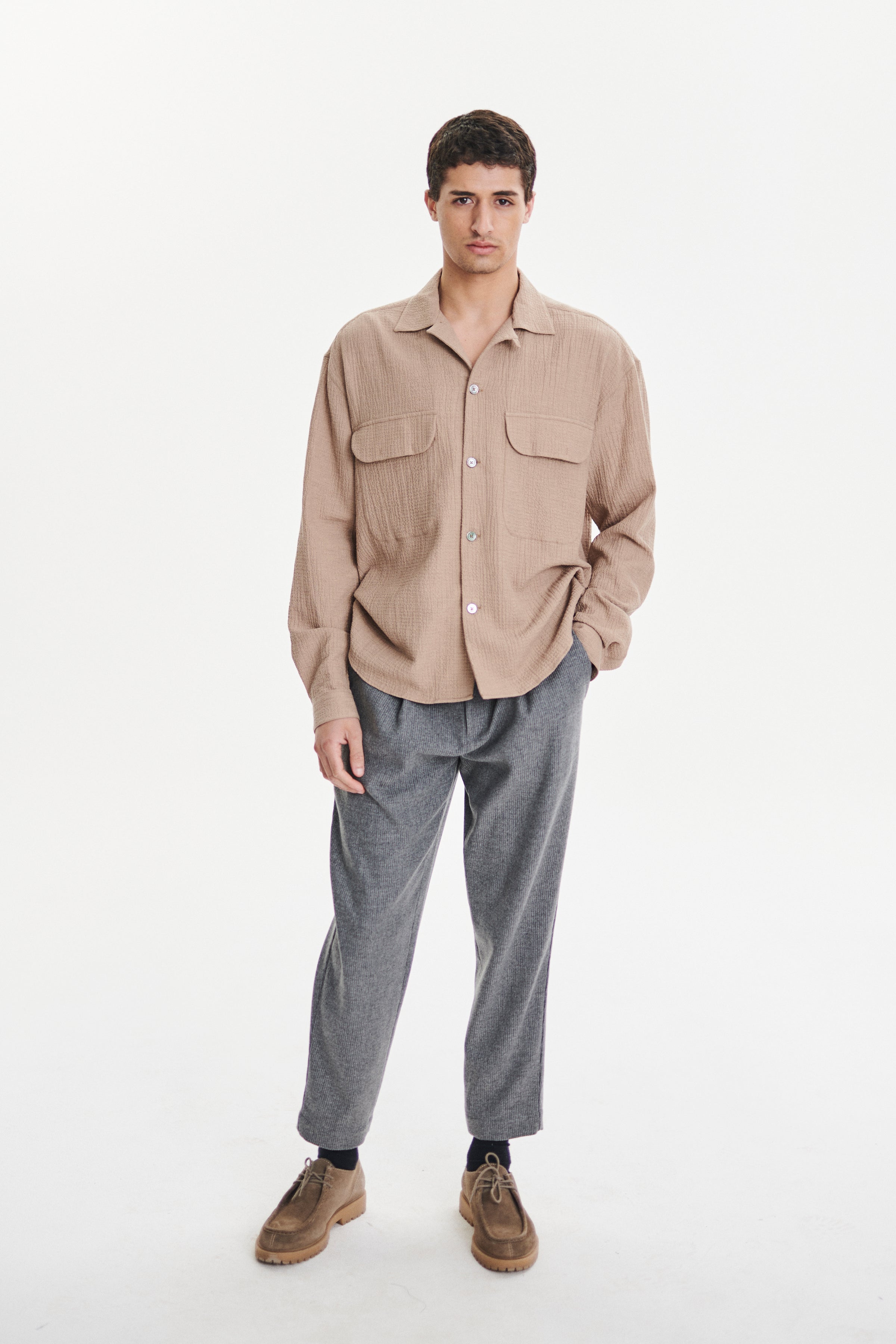 Relaxed Oversized Leisure Shirt in a Nut Beige Soft Cashmere and Cotton Seersucker