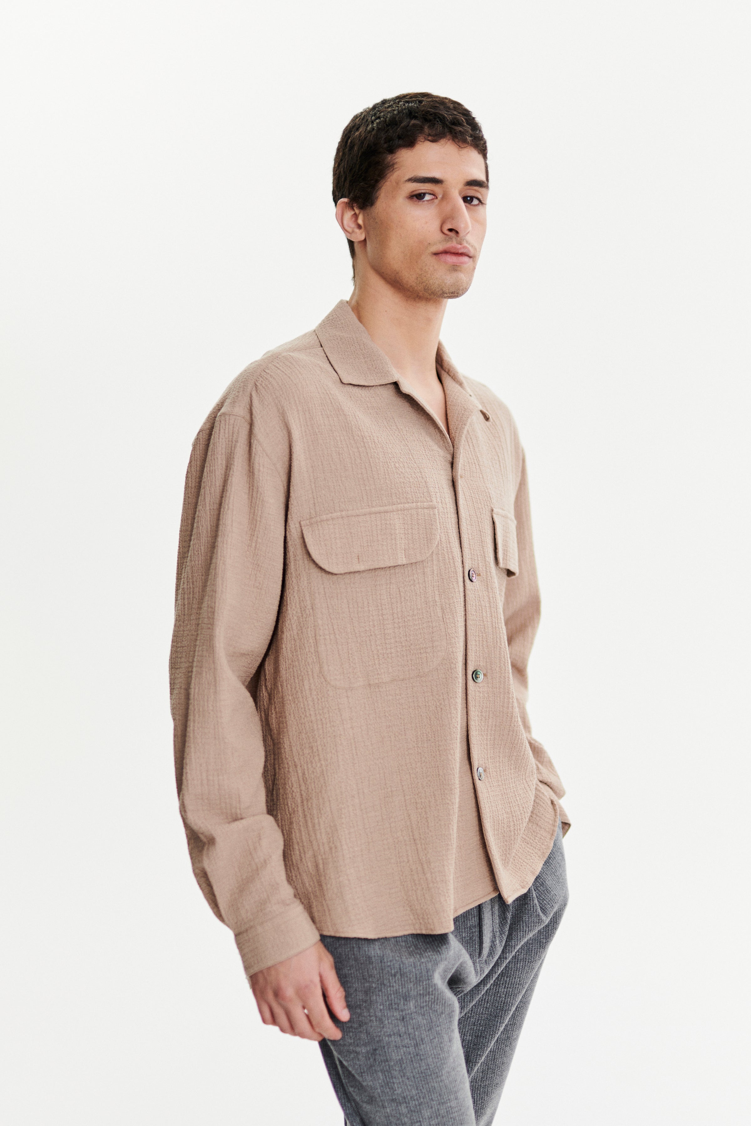 Relaxed Oversized Leisure Shirt in a Nut Beige Soft Cashmere and Cotton Seersucker