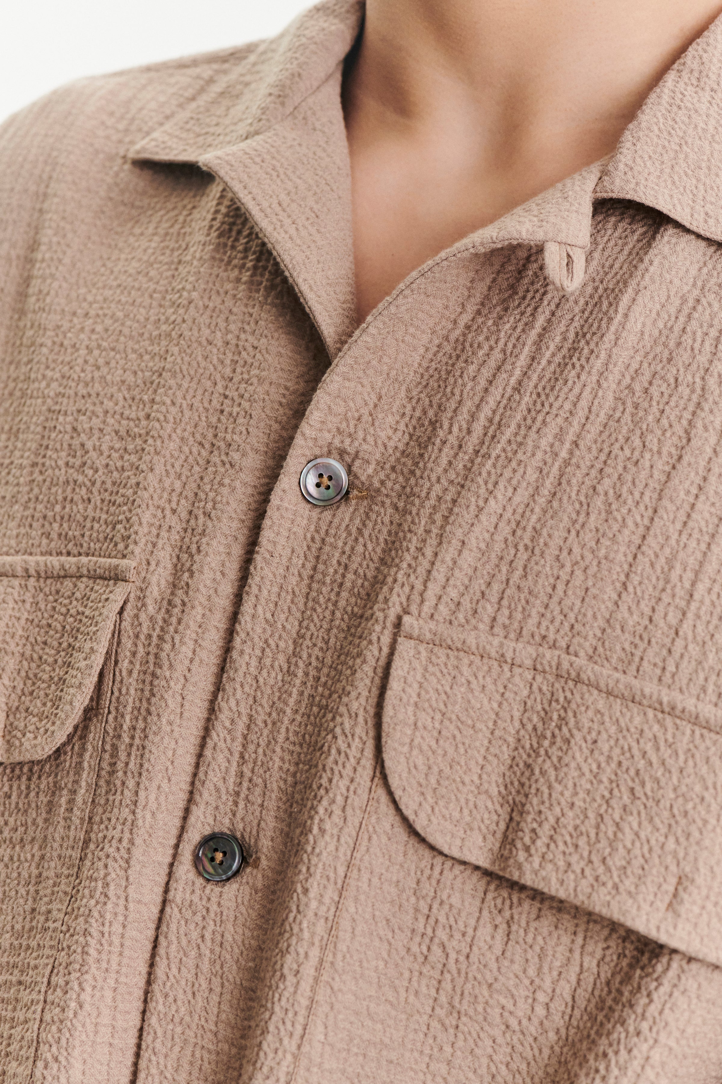 Relaxed Oversized Leisure Shirt in a Nut Beige Soft Cashmere and Cotton Seersucker