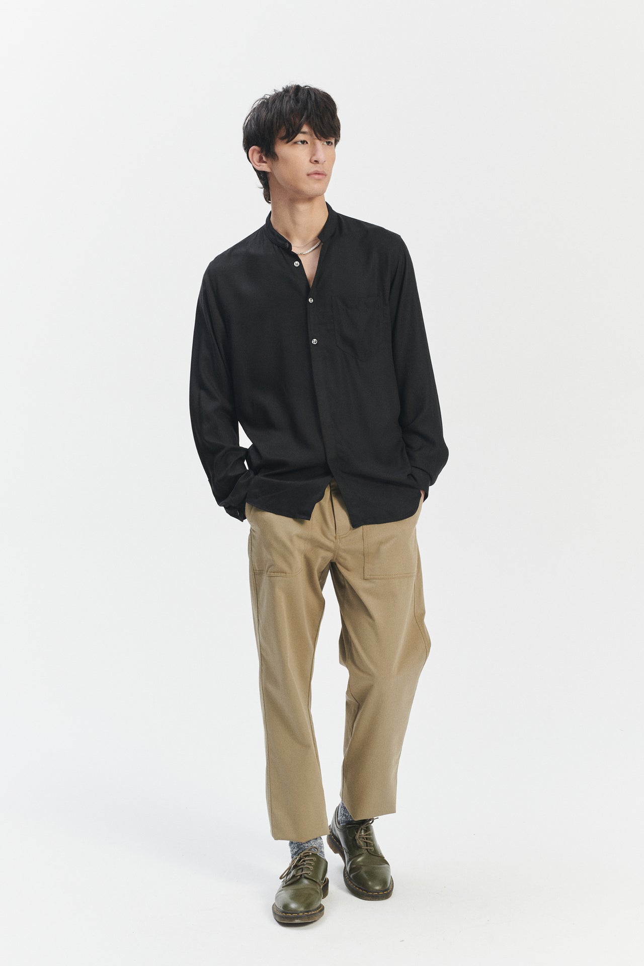 Zen Grandad Collar Shirt in the Finest Black Italian Modal