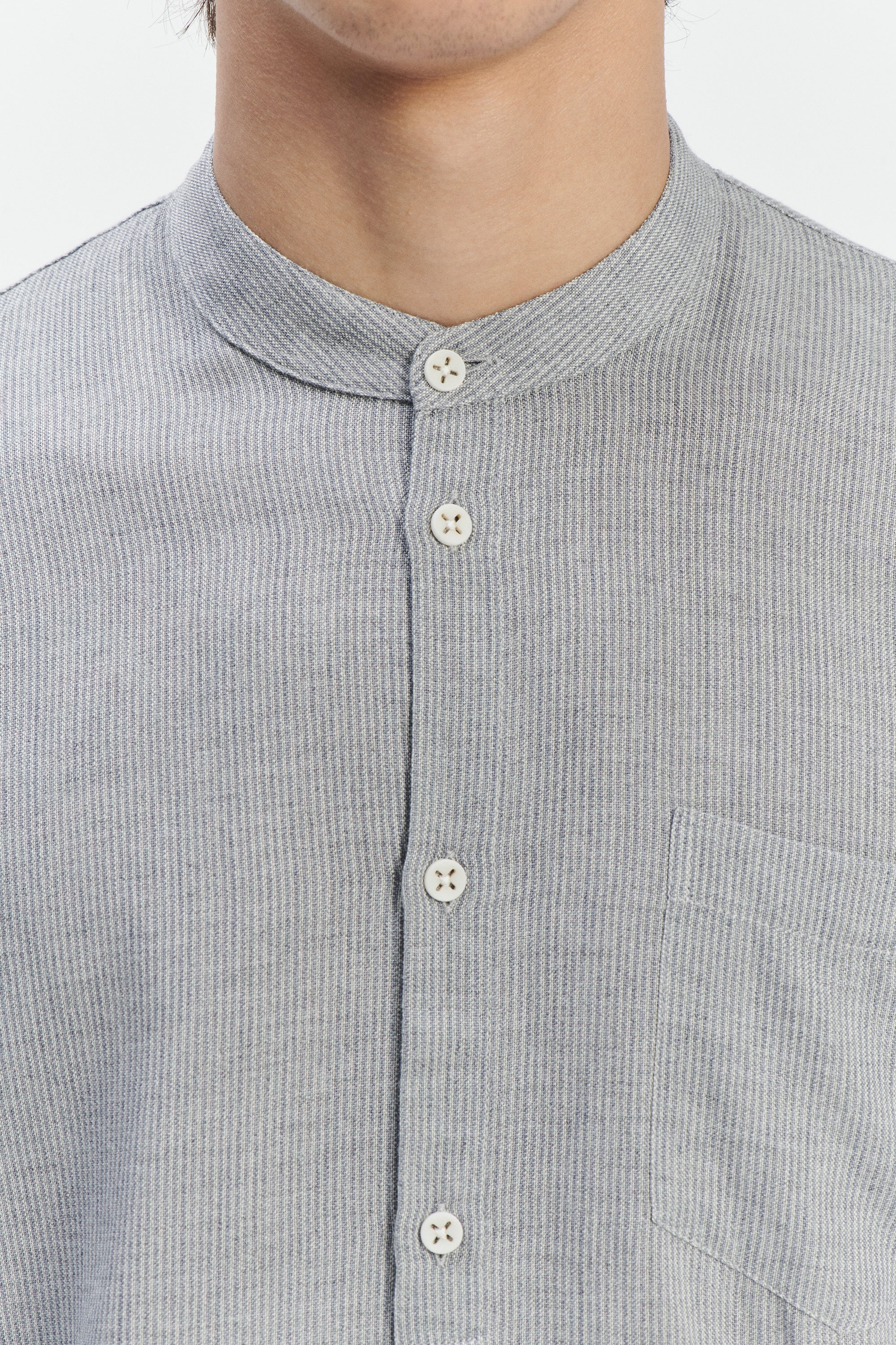 Zen Grandad Collar Shirt in a Grey Portuguese Merino Wool and Modal