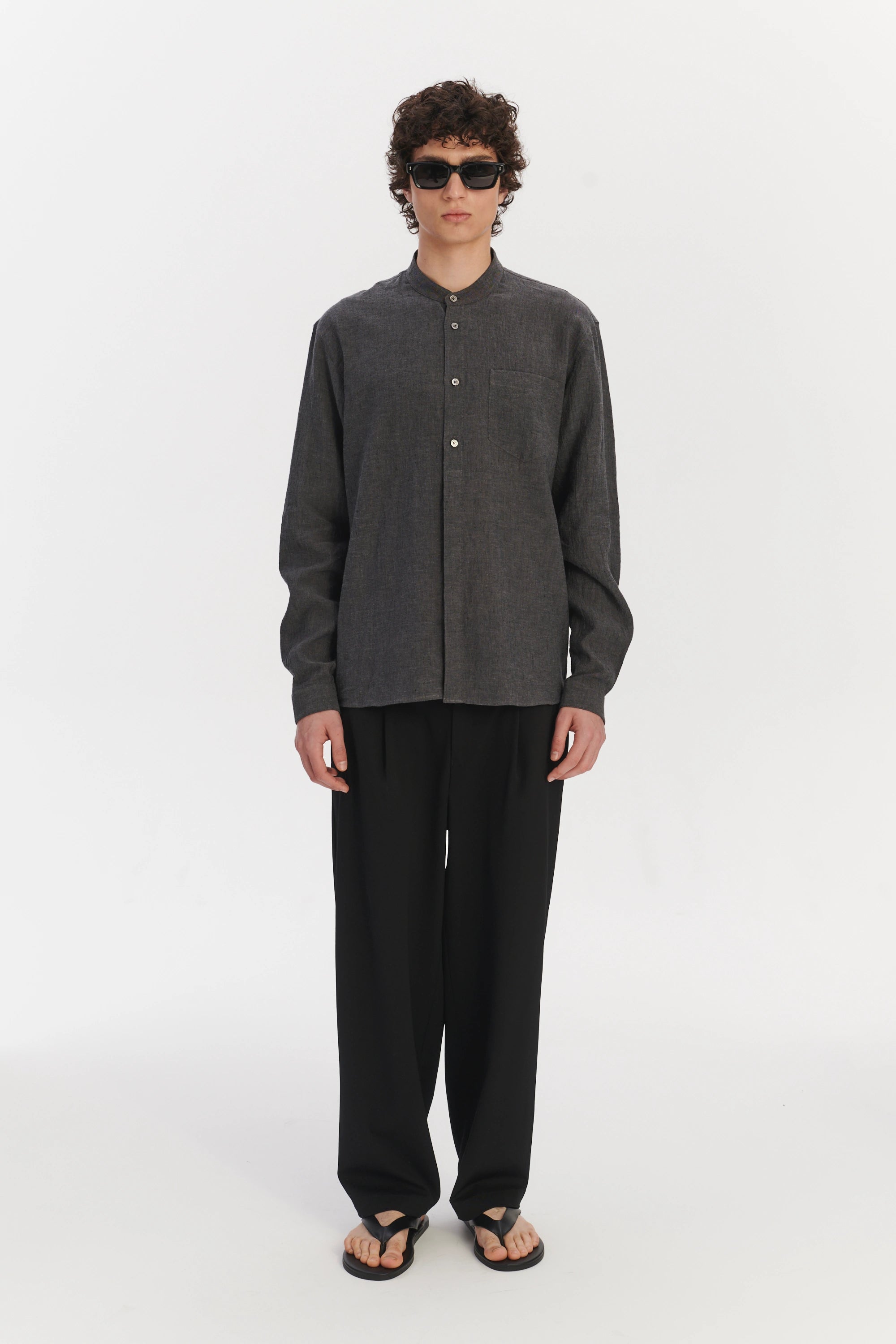 New Zen Grandad Collar Shirt in a Charcoal Grey Mix of Japanese Linen and Cotton