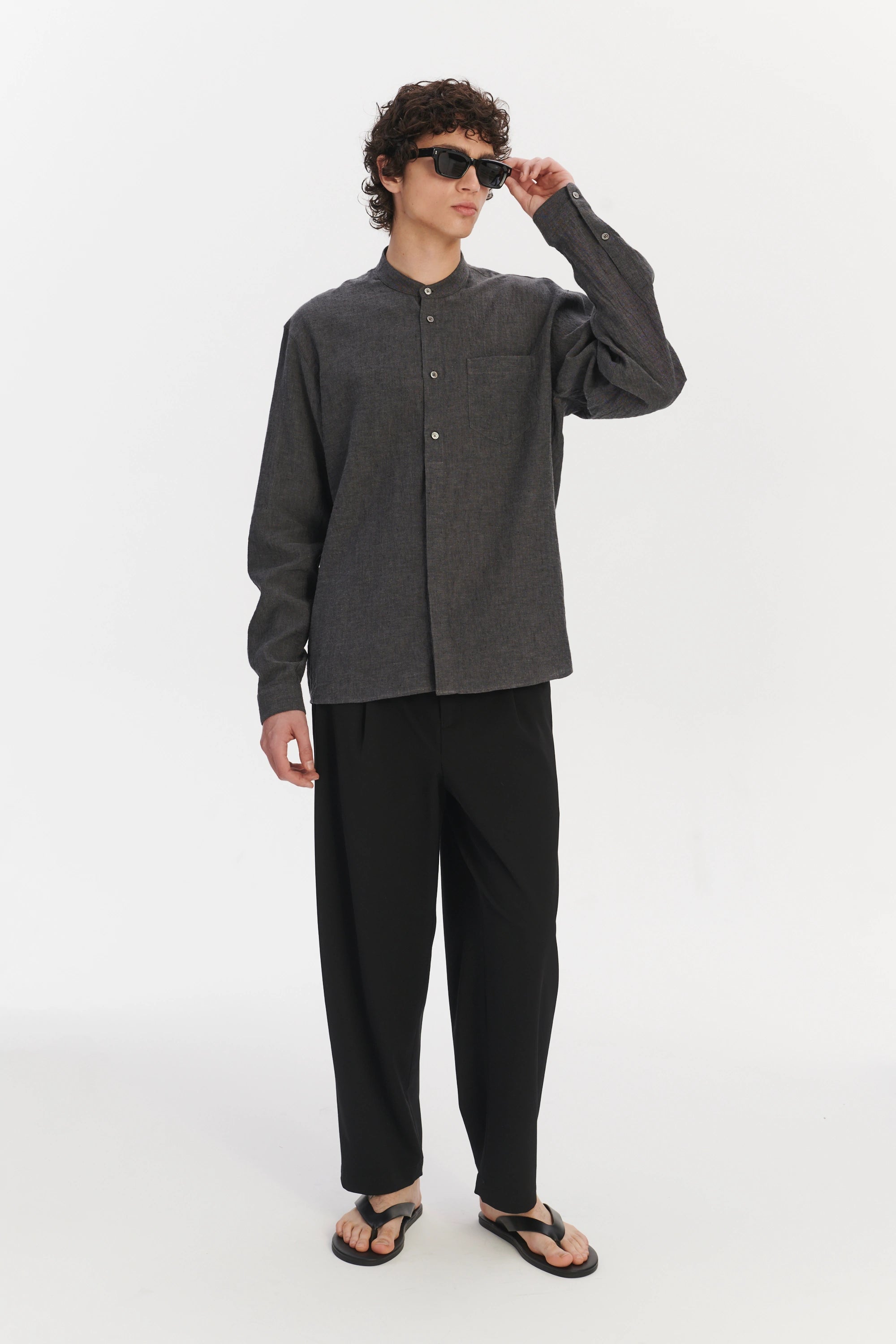 New Zen Grandad Collar Shirt in a Charcoal Grey Mix of Japanese Linen and Cotton