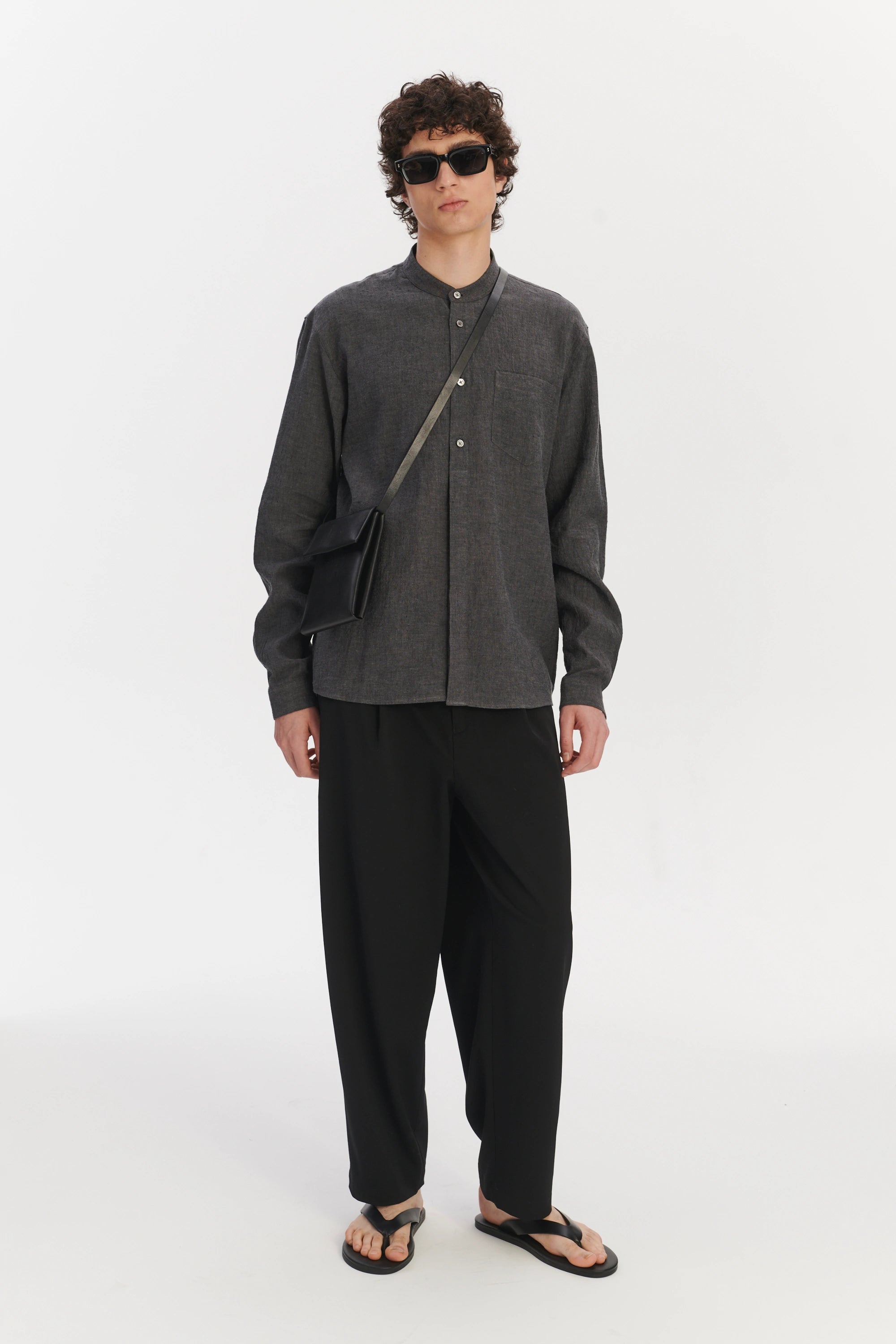 New Zen Grandad Collar Shirt in a Charcoal Grey Mix of Japanese Linen and Cotton