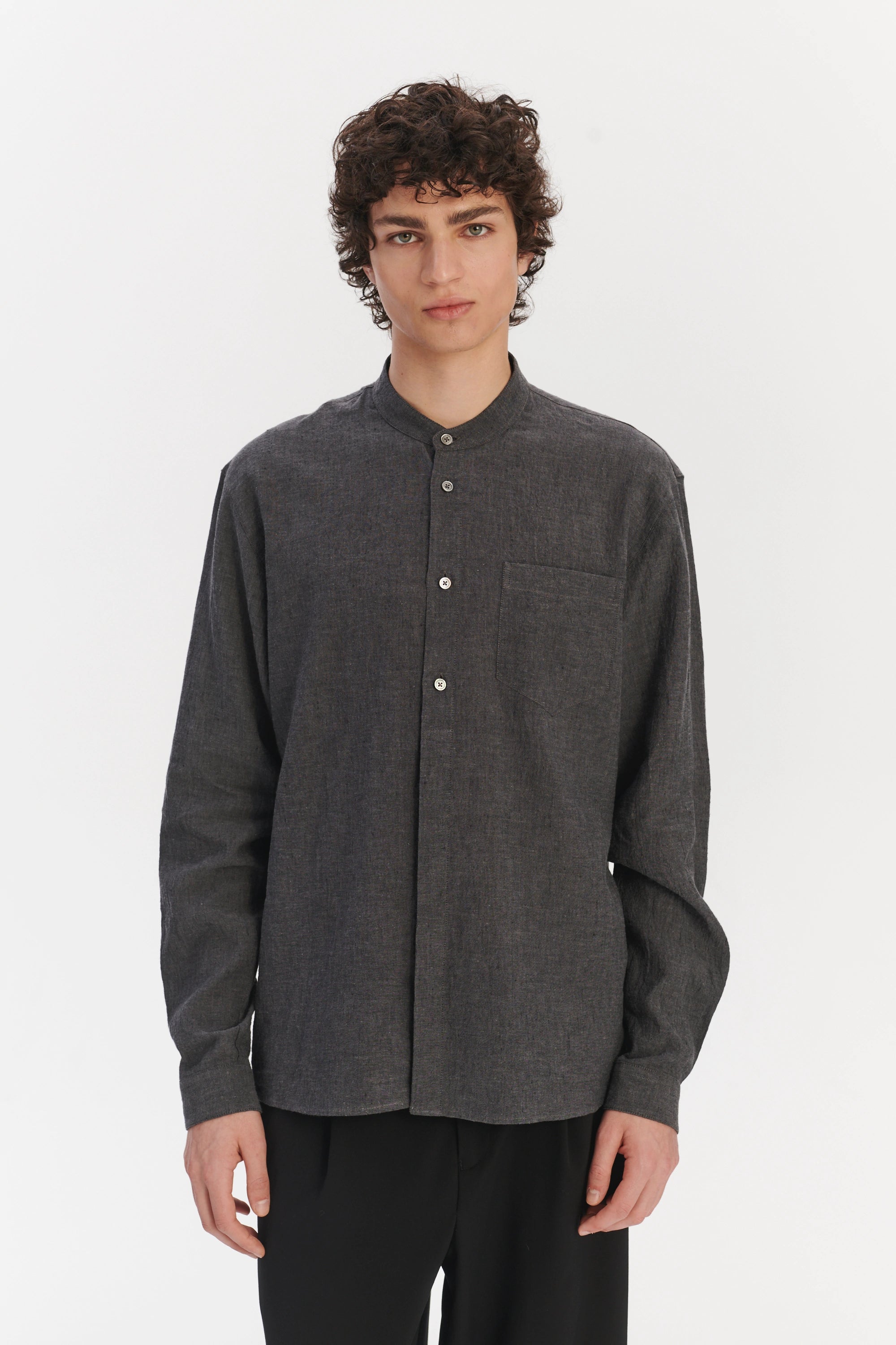 New Zen Grandad Collar Shirt in a Charcoal Grey Mix of Japanese Linen and Cotton