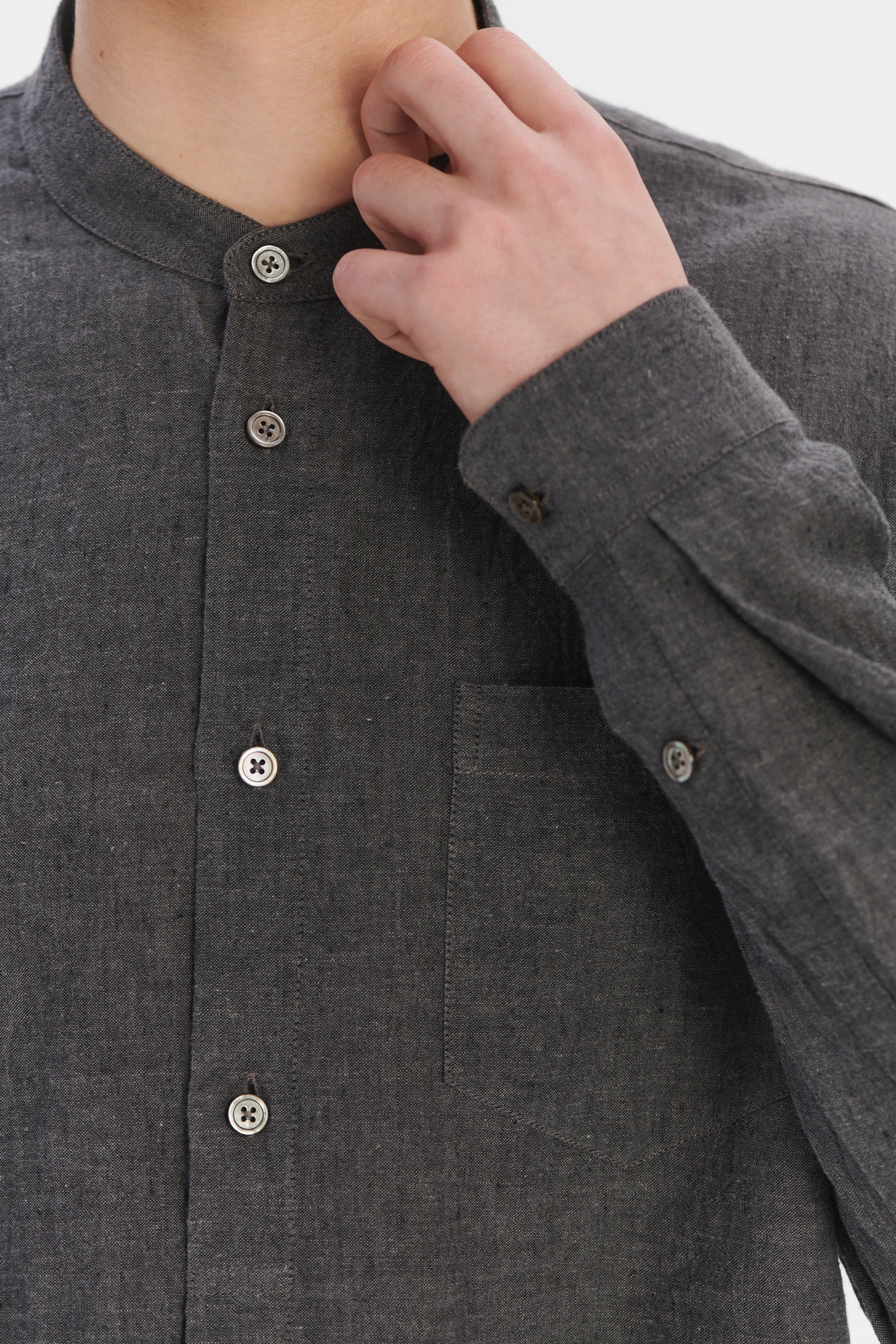 New Zen Grandad Collar Shirt in a Charcoal Grey Mix of Japanese Linen and Cotton