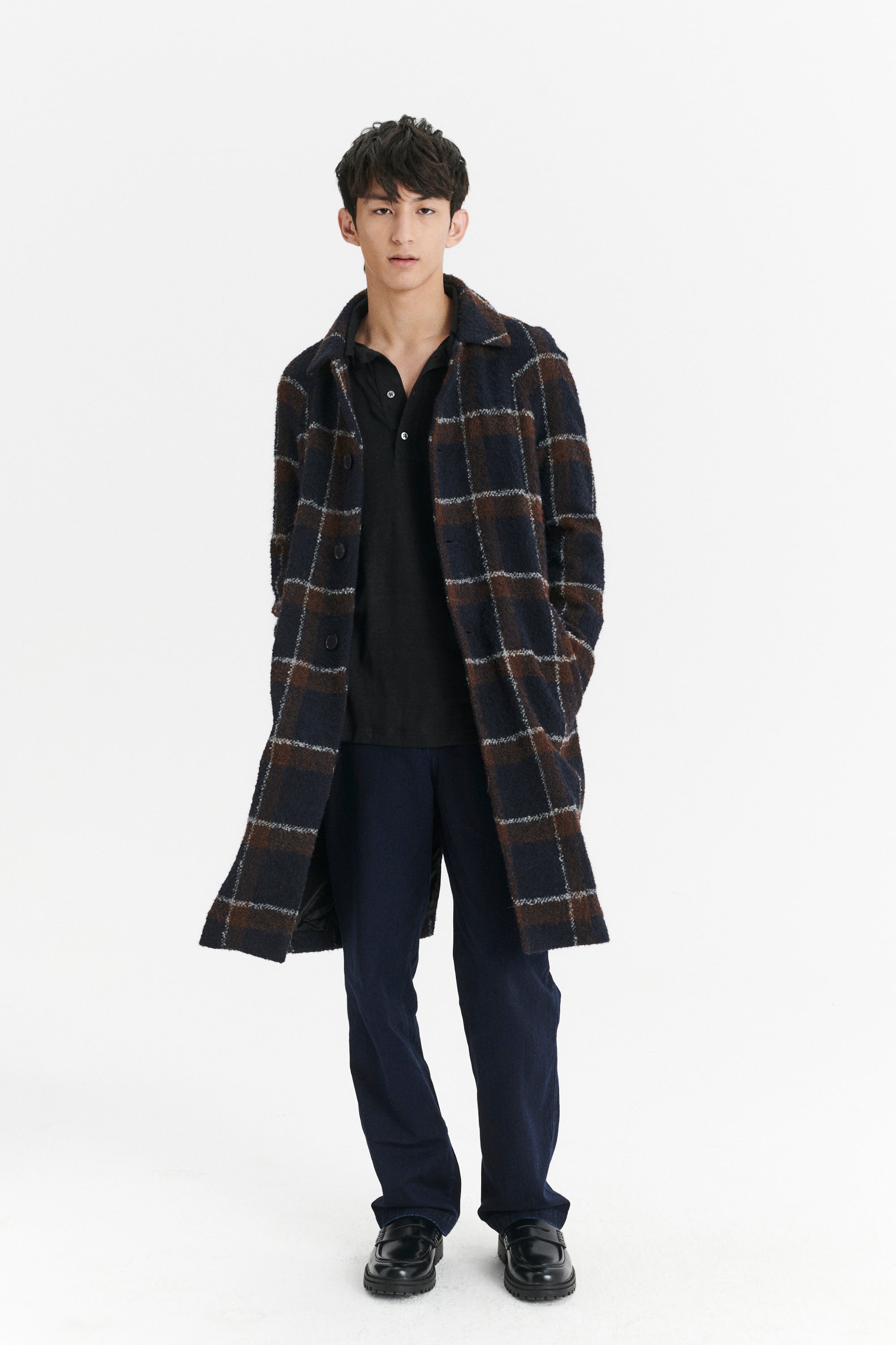 Raglan Coat in a Brown and Navy Chequered Italian Virgin and 