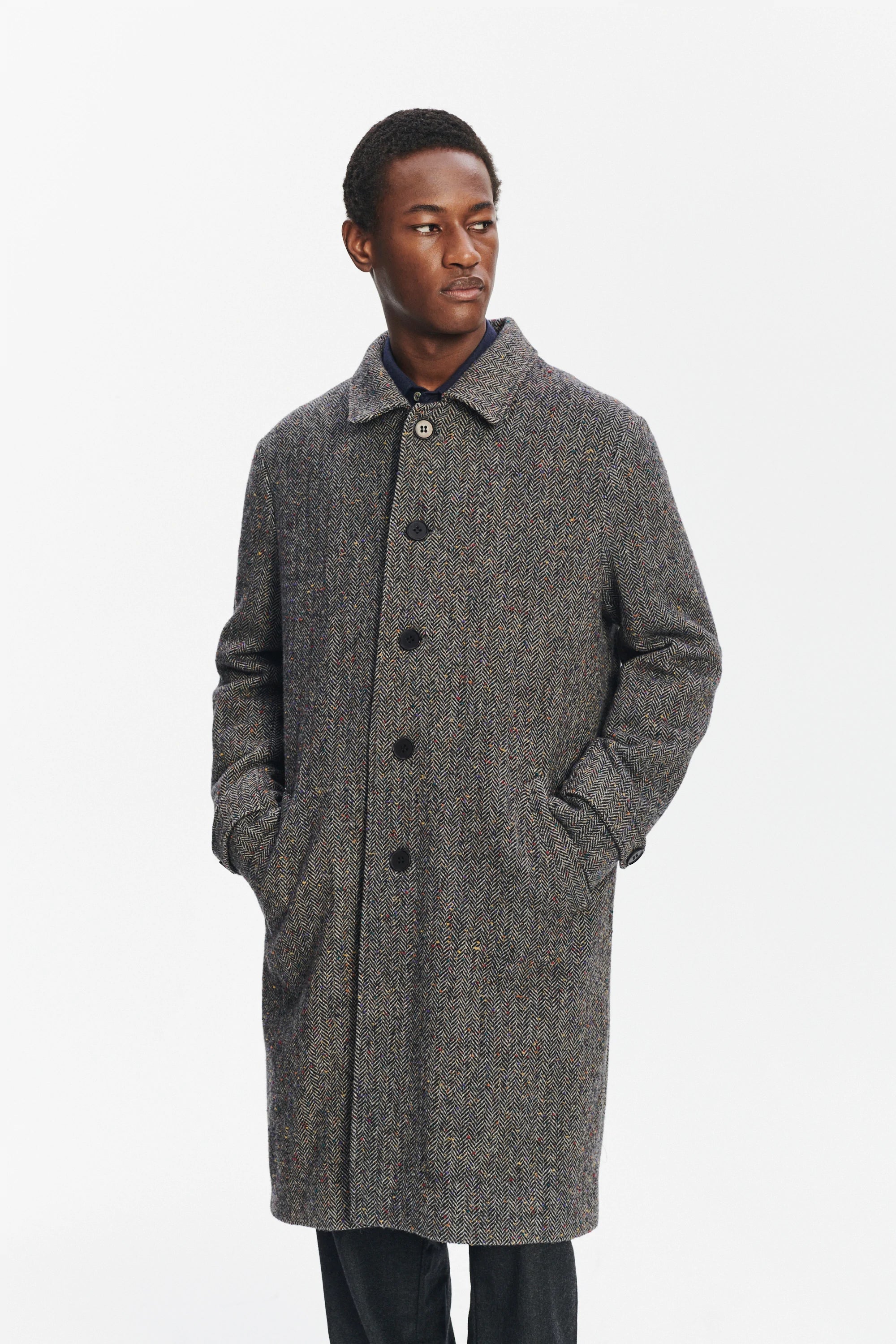 Winter Coat in a Grey and Black Italian Virgin Wool Herringbone Tweed with Meida Thermo Insulation