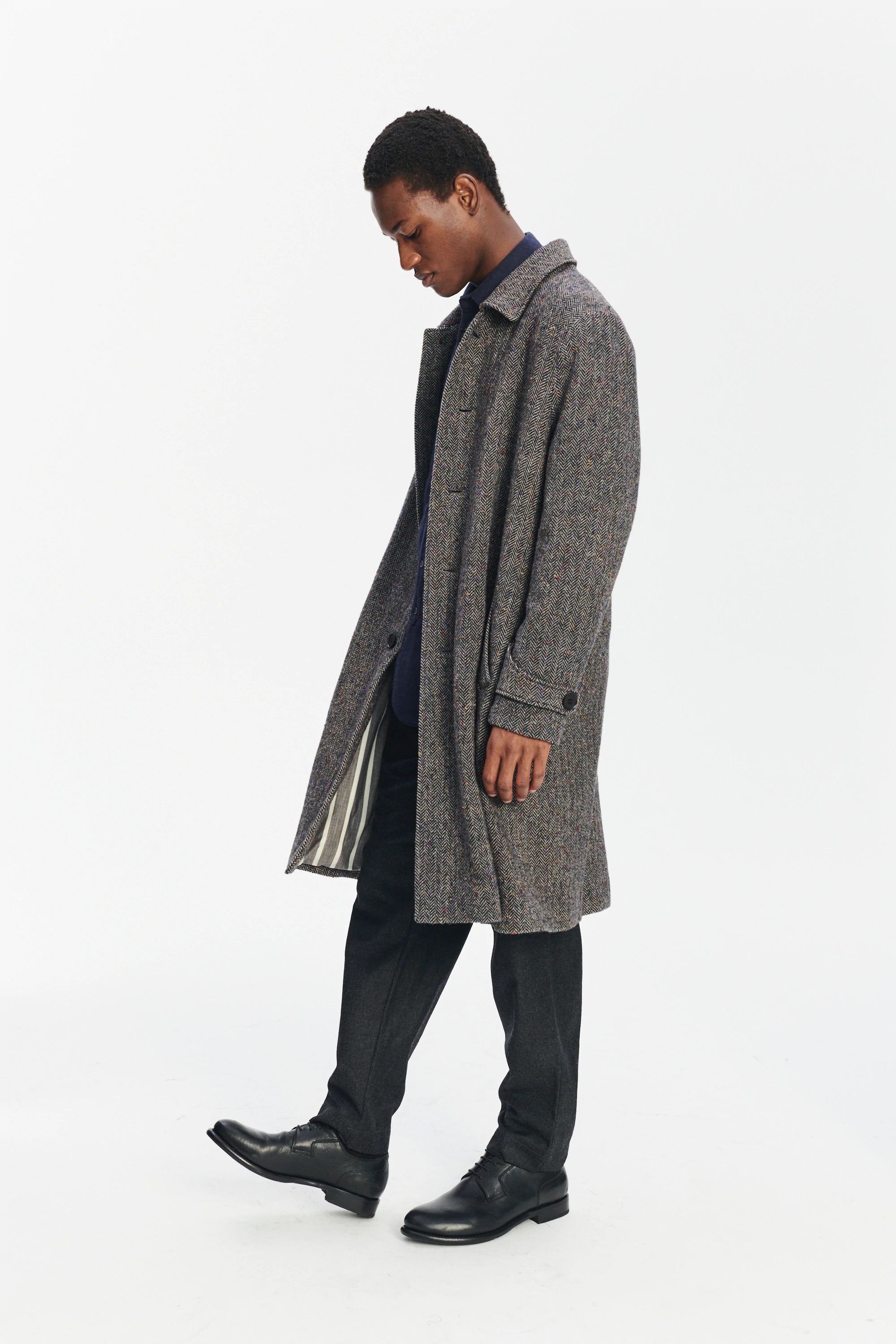 Winter Coat in a Grey and Black Italian Virgin Wool Herringbone Tweed with Meida Thermo Insulation