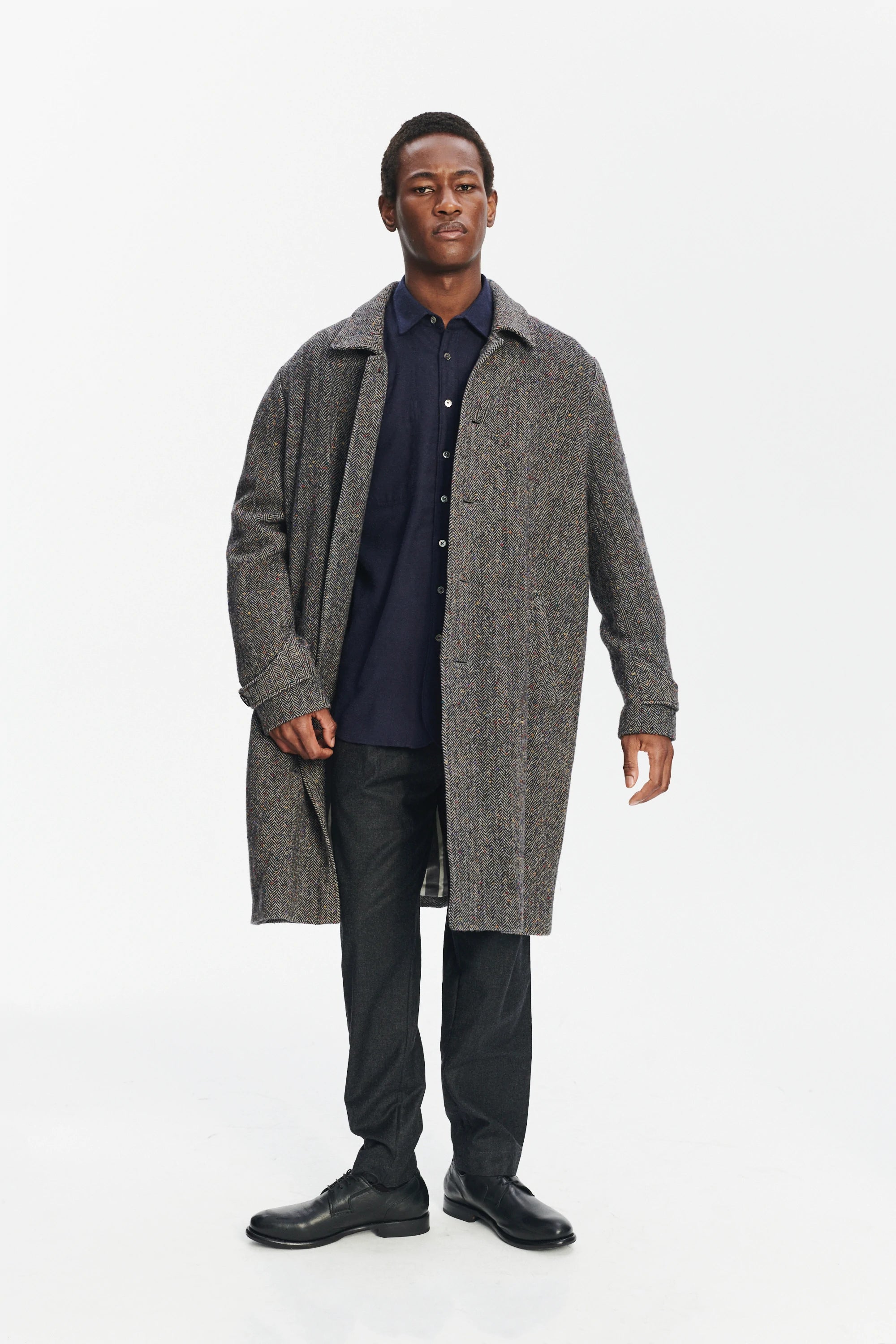 Winter Coat in a Grey and Black Italian Virgin Wool Herringbone Tweed with Meida Thermo Insulation