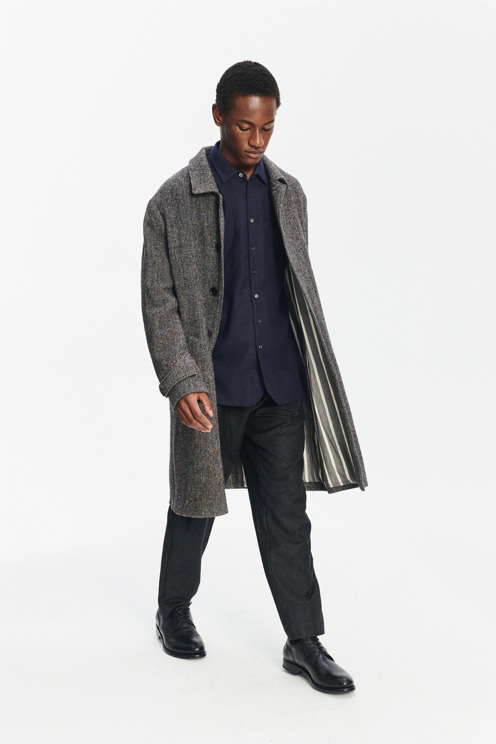 Winter Coat in a Grey and Black Italian Virgin Wool Herringbone Tweed with Meida Thermo Insulation