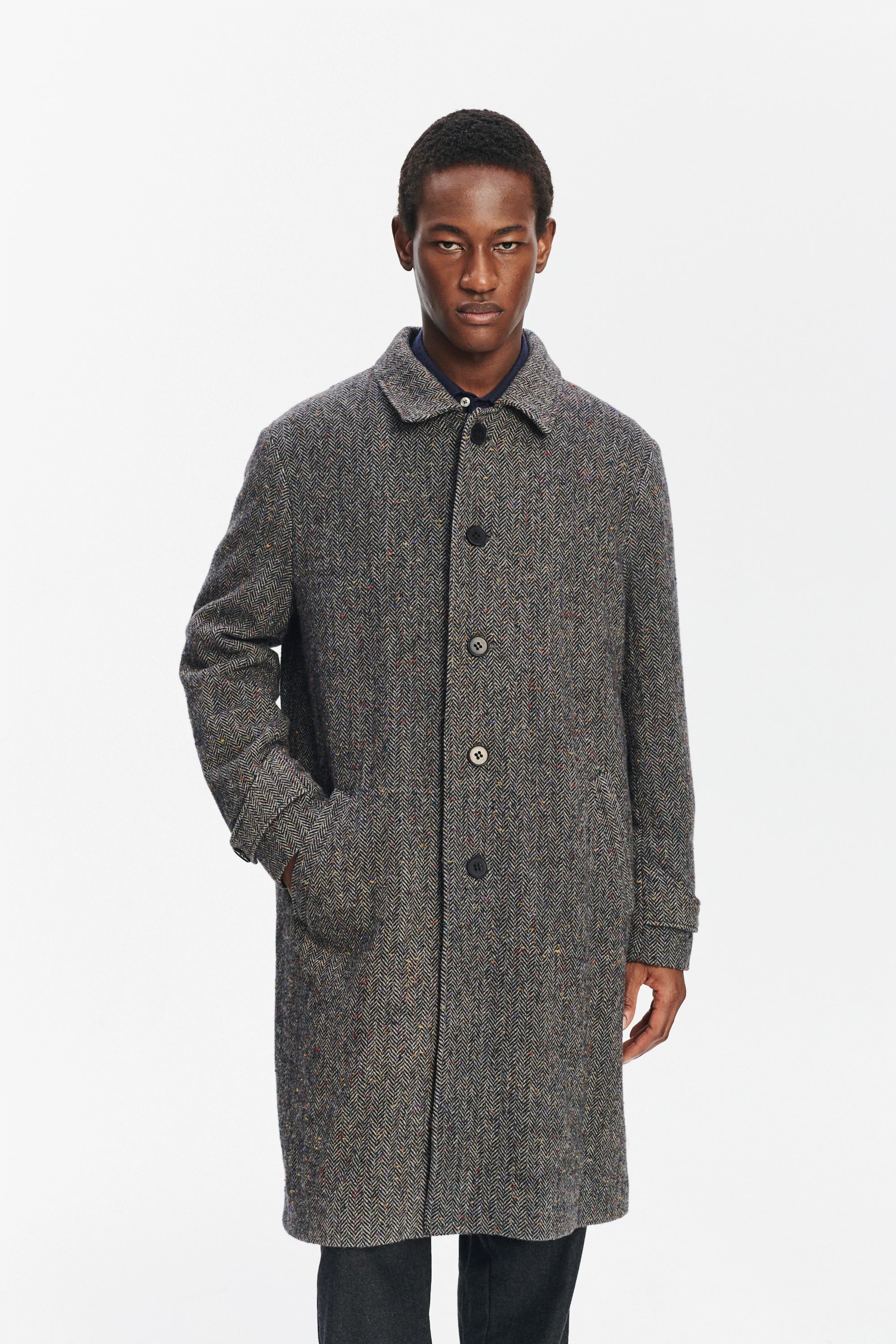 Winter Coat in a Grey and Black Italian Virgin Wool Herringbone Tweed with Meida Thermo Insulation