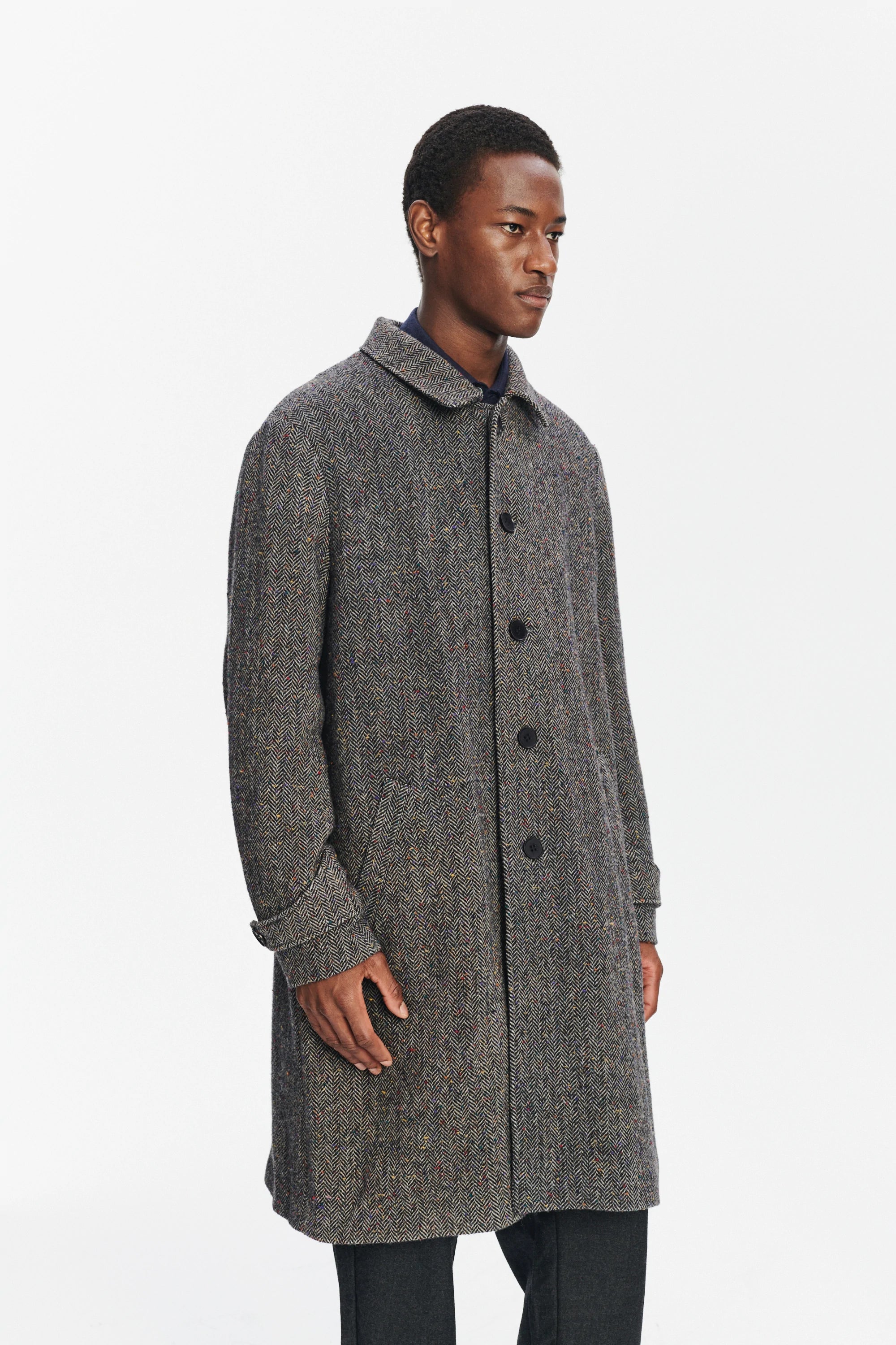 Winter Coat in a Grey and Black Italian Virgin Wool Herringbone Tweed with Meida Thermo Insulation