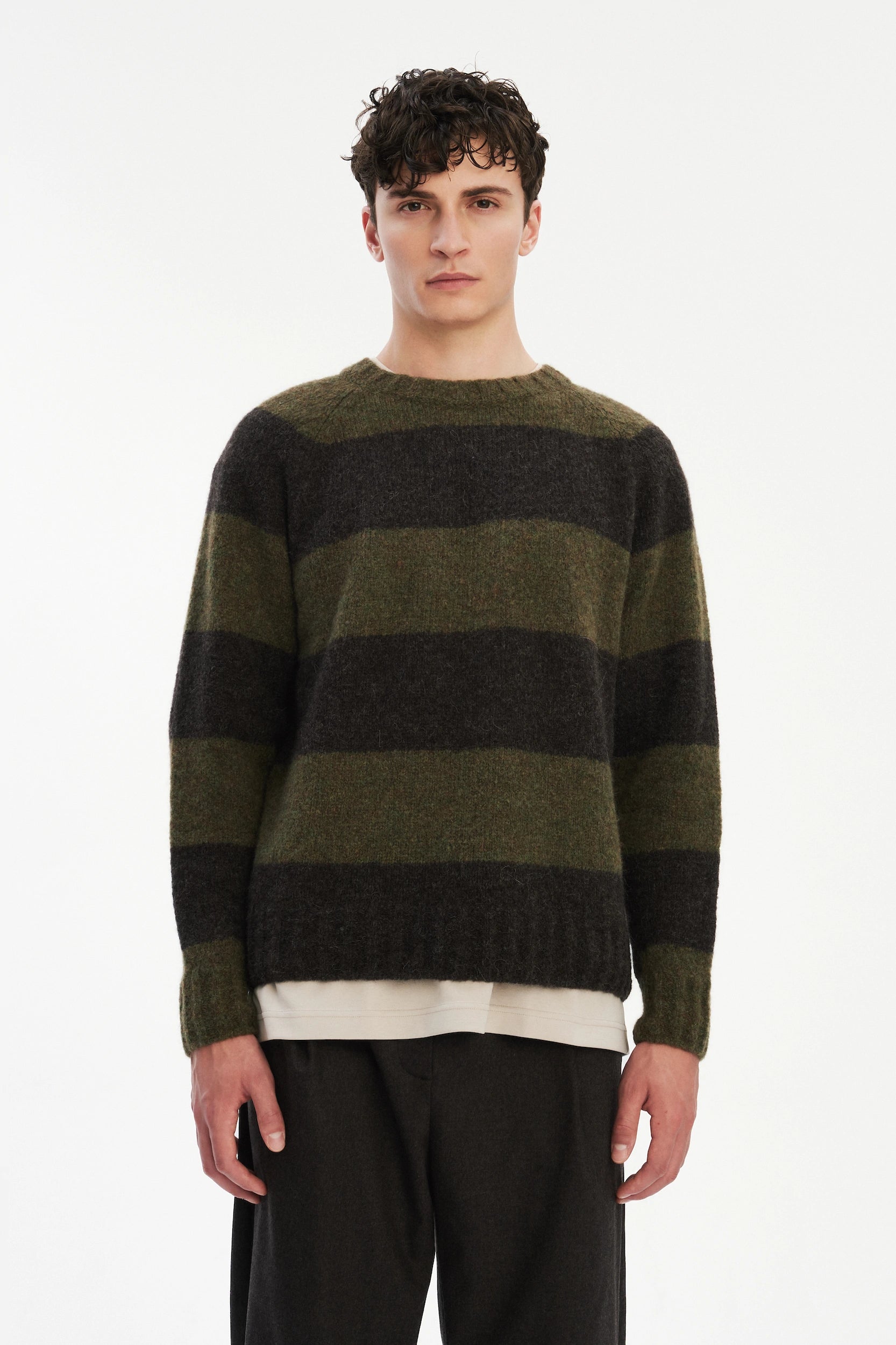 Crewneck Sweater in a Green and Brown Stripe Brushed Sustainable Alpaca Wool