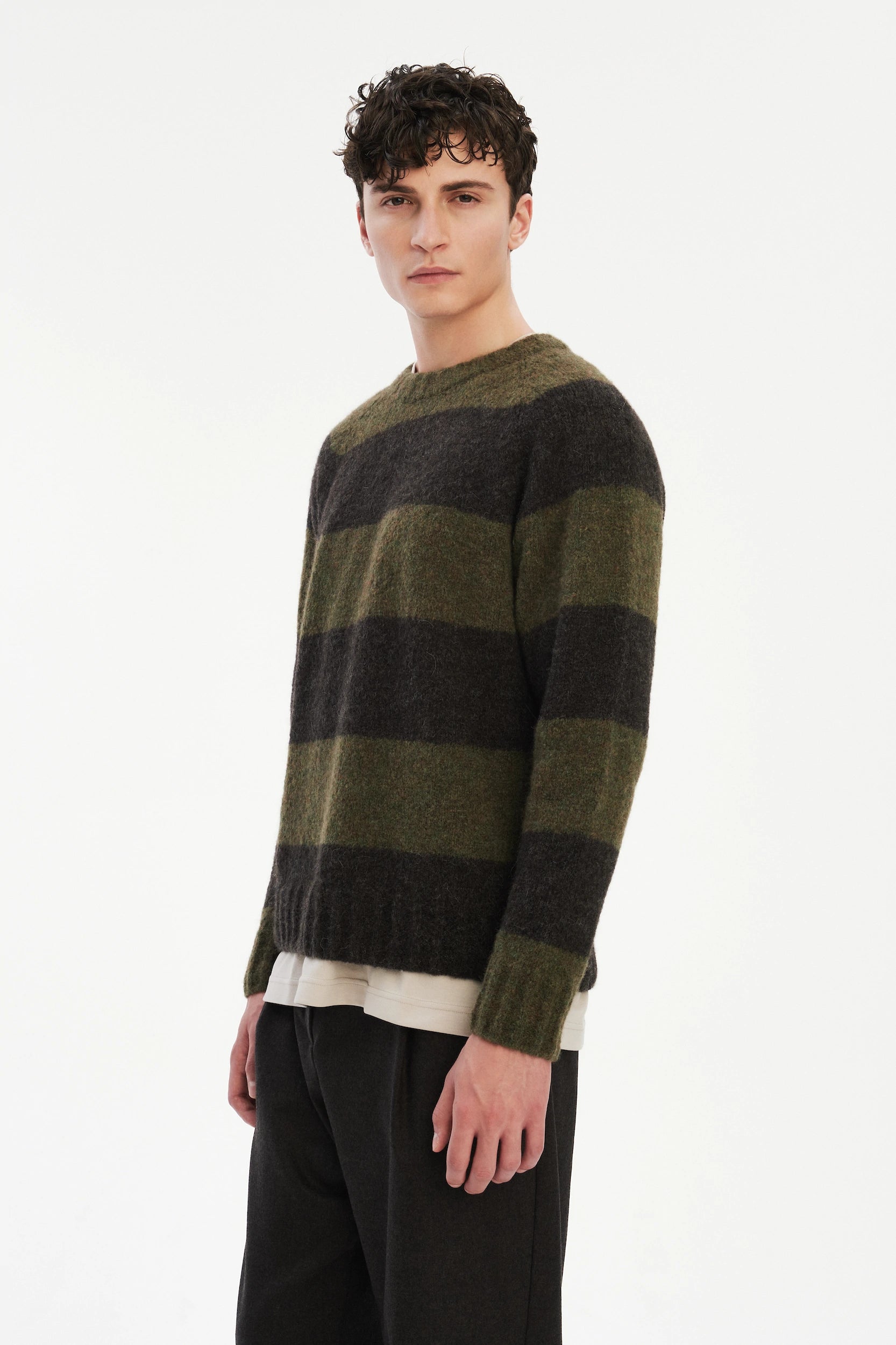 Crewneck Sweater in a Green and Brown Stripe Brushed Sustainable Alpaca Wool