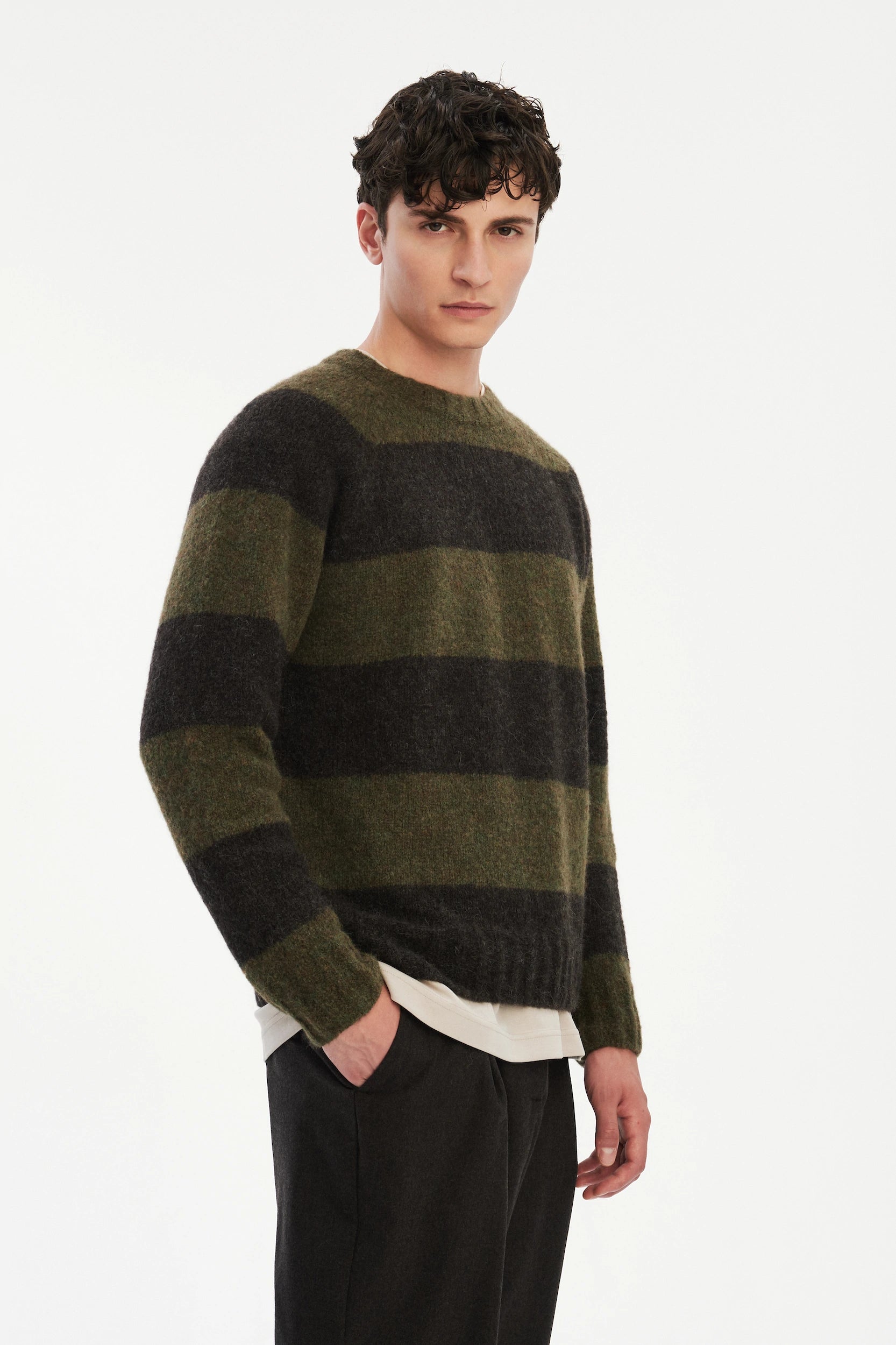 Crewneck Sweater in a Green and Brown Stripe Brushed Sustainable Alpaca Wool