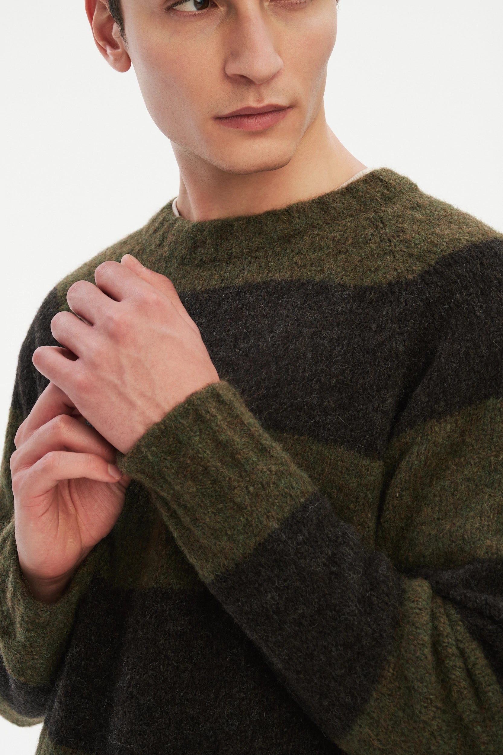 Crewneck Sweater in a Green and Brown Stripe Brushed Sustainable Alpaca Wool