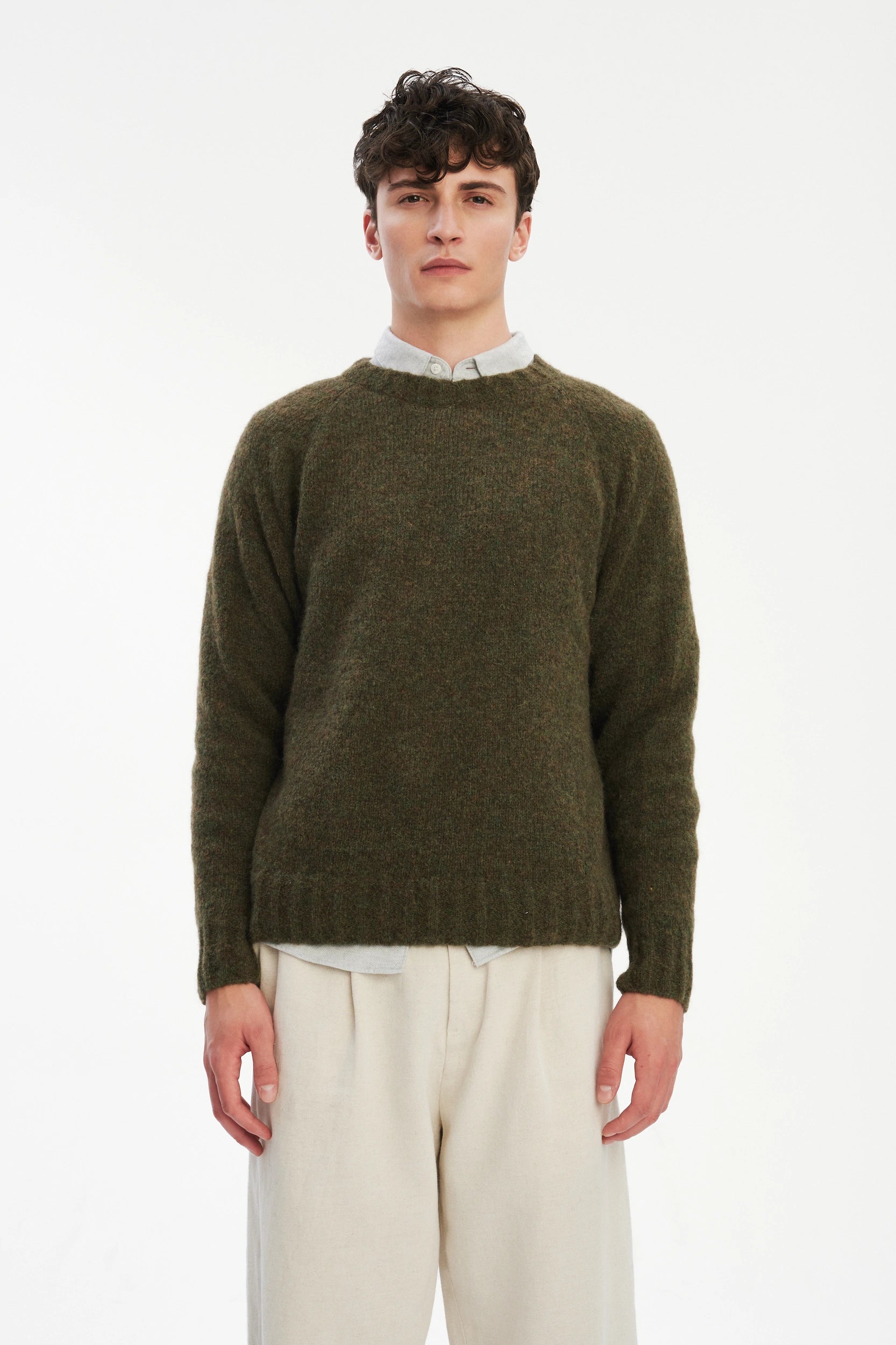 Crewneck Sweater in a Moss Green Brushed Sustainable Alpaca Wool