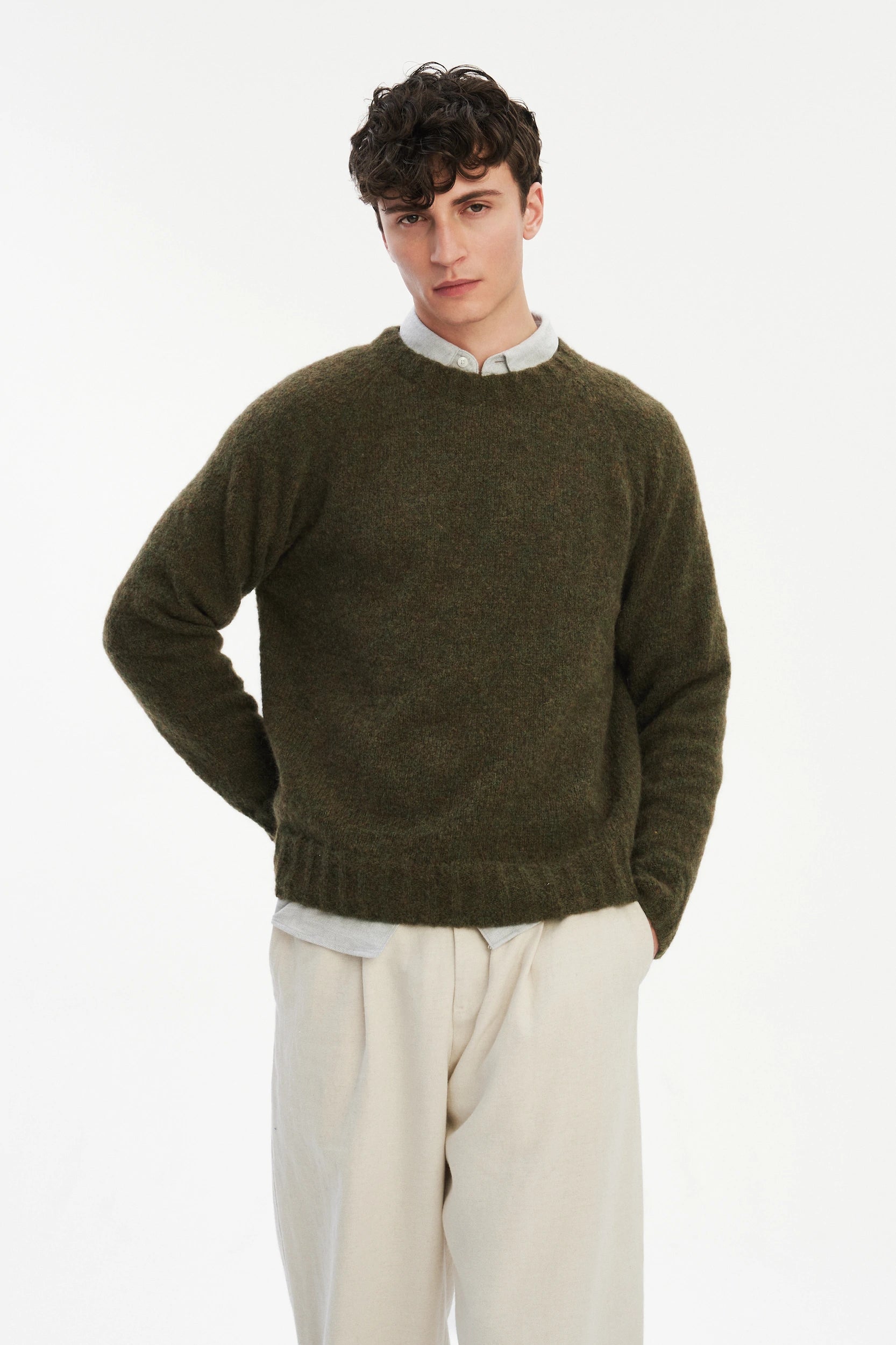 Crewneck Sweater in a Moss Green Brushed Sustainable Alpaca Wool