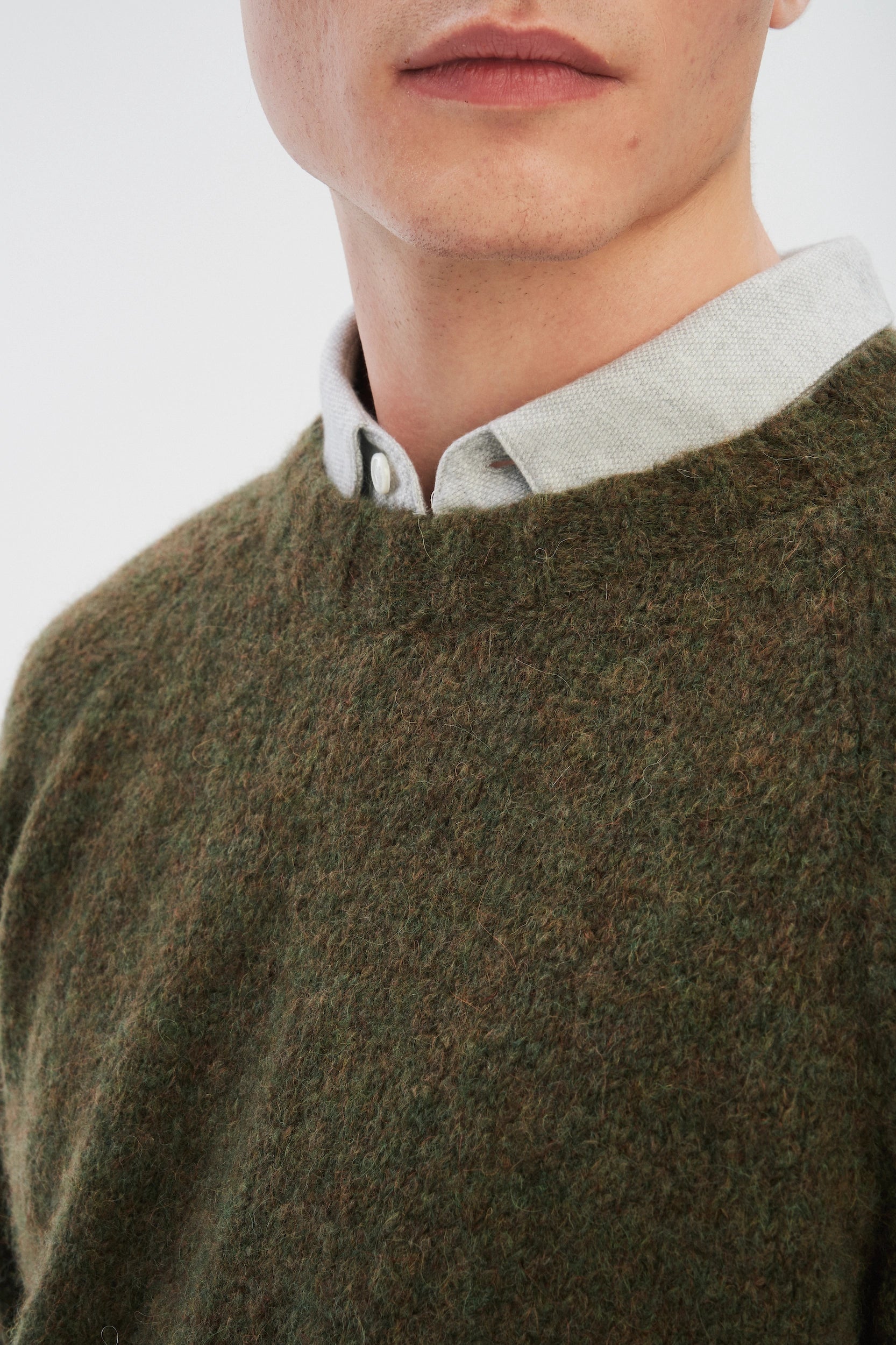 Crewneck Sweater in a Moss Green Brushed Sustainable Alpaca Wool