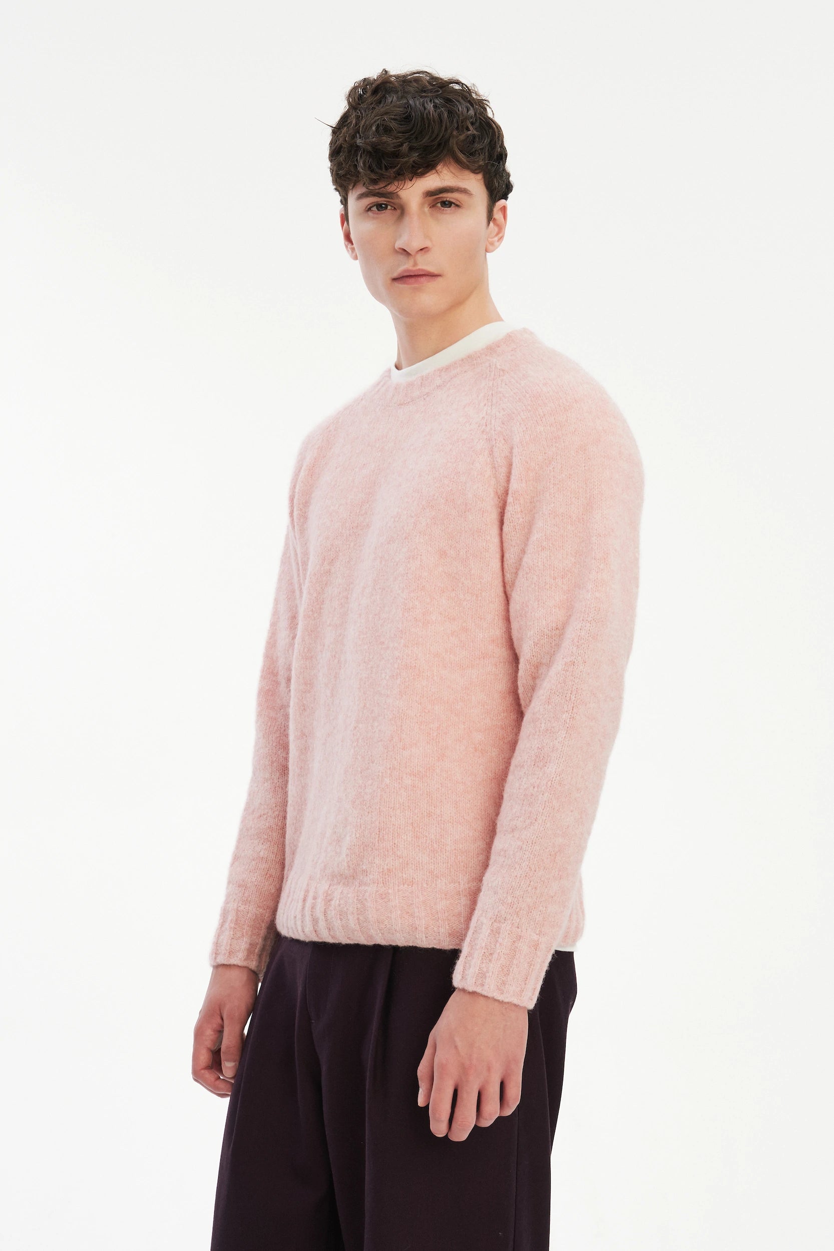 Crewneck Sweater in a Pink Brushed Sustainable Alpaca Wool