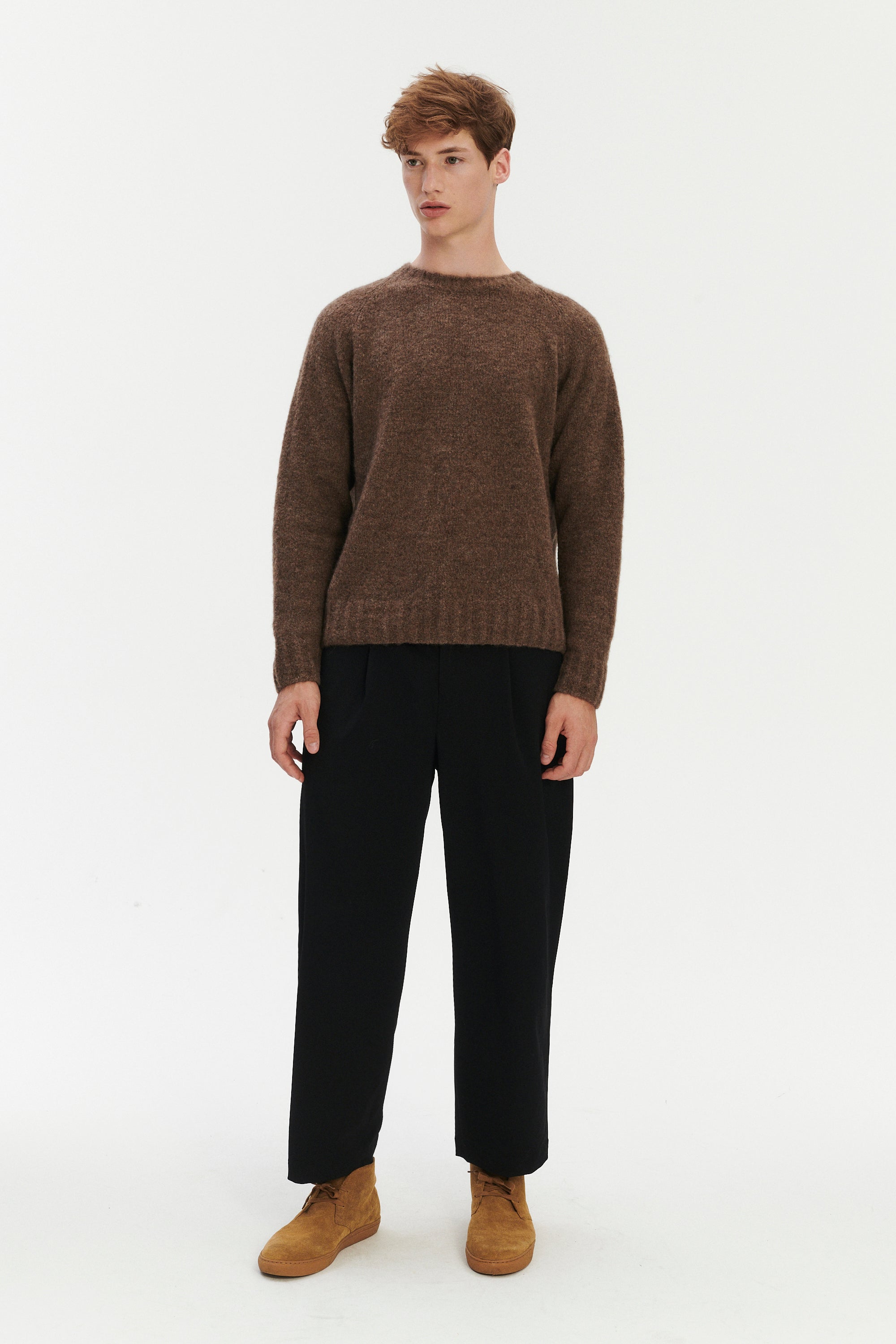 Crewneck Sweater in a Cinnamon Brown Brushed Sustainable Alpaca Wool