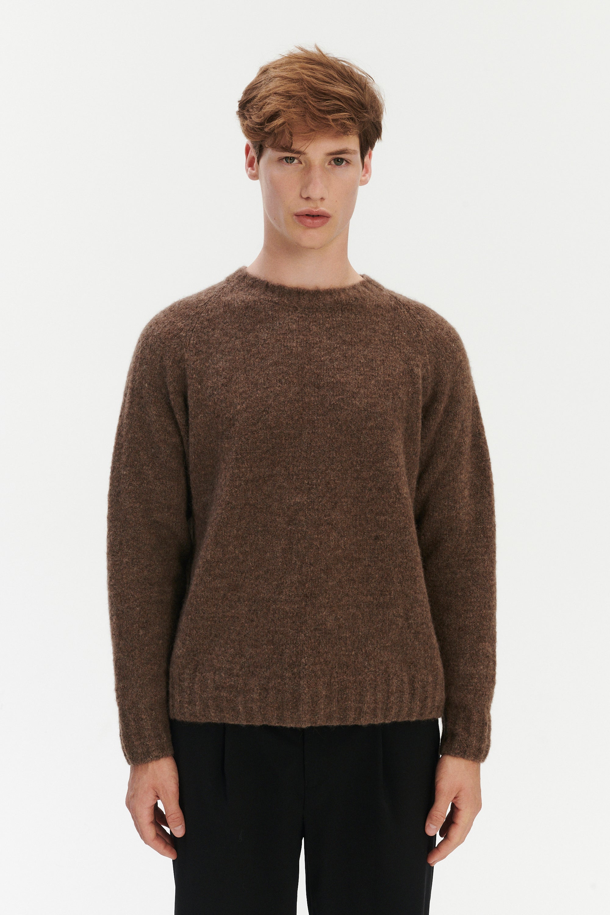 Crewneck Sweater in a Cinnamon Brown Brushed Sustainable Alpaca Wool