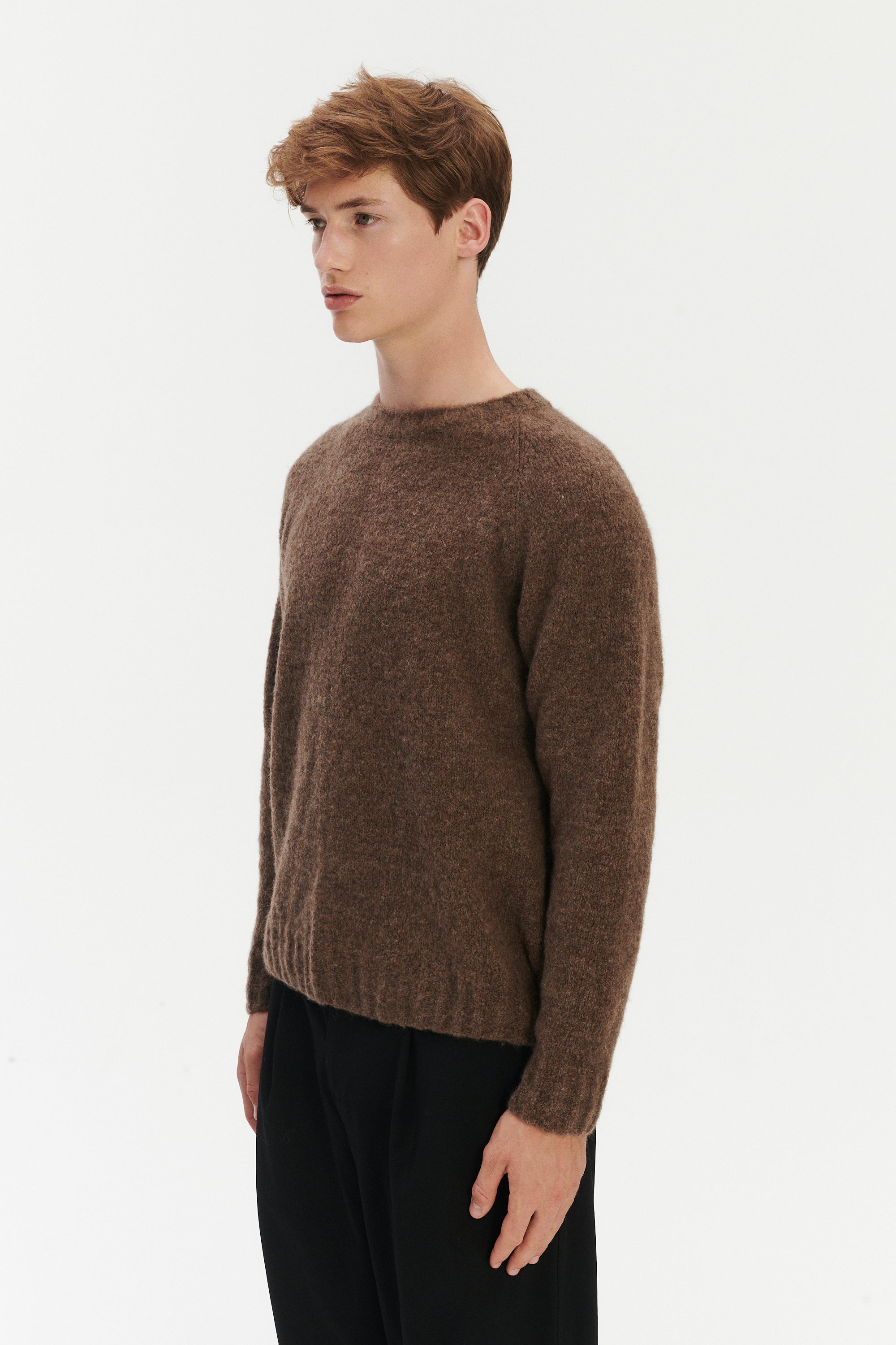 Crewneck Sweater in a Cinnamon Brown Brushed Sustainable Alpaca Wool