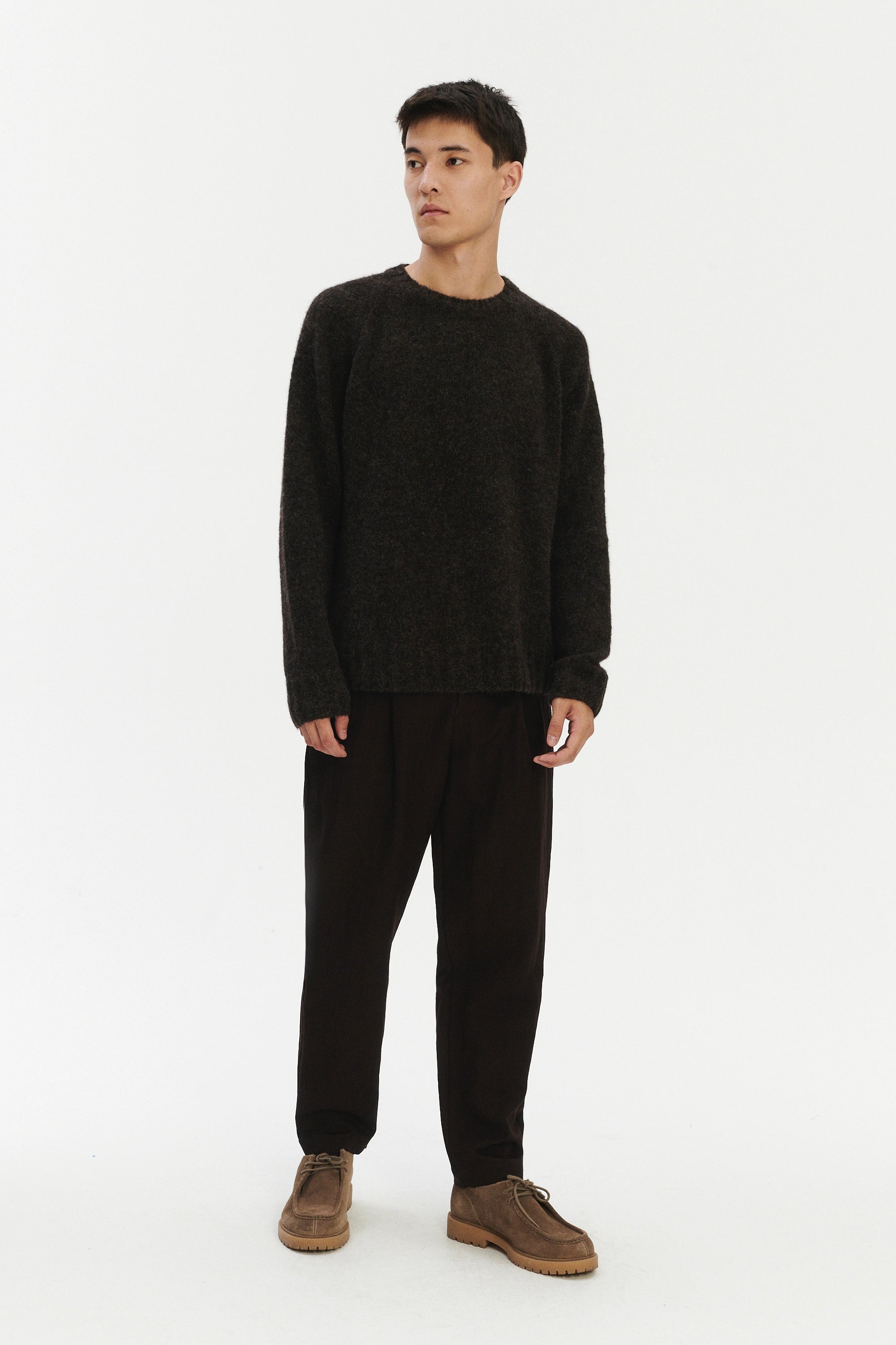 Crewneck Sweater in a Deep Espresso Brown Brushed Sustainable Alpaca Wool