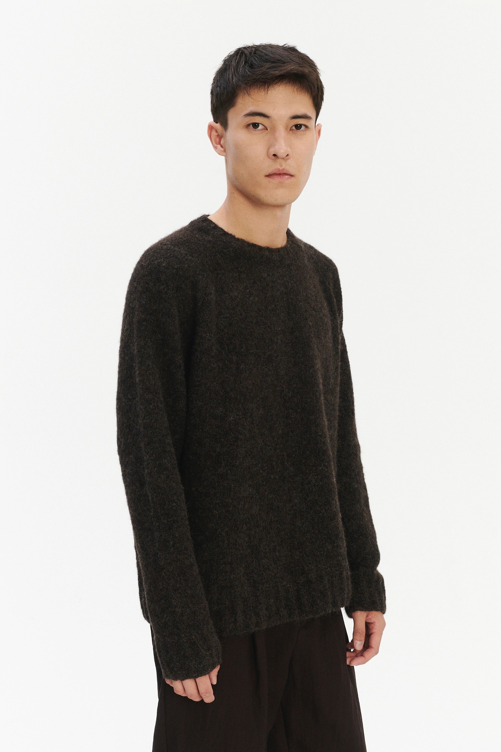 Crewneck Sweater in a Deep Espresso Brown Brushed Sustainable Alpaca Wool
