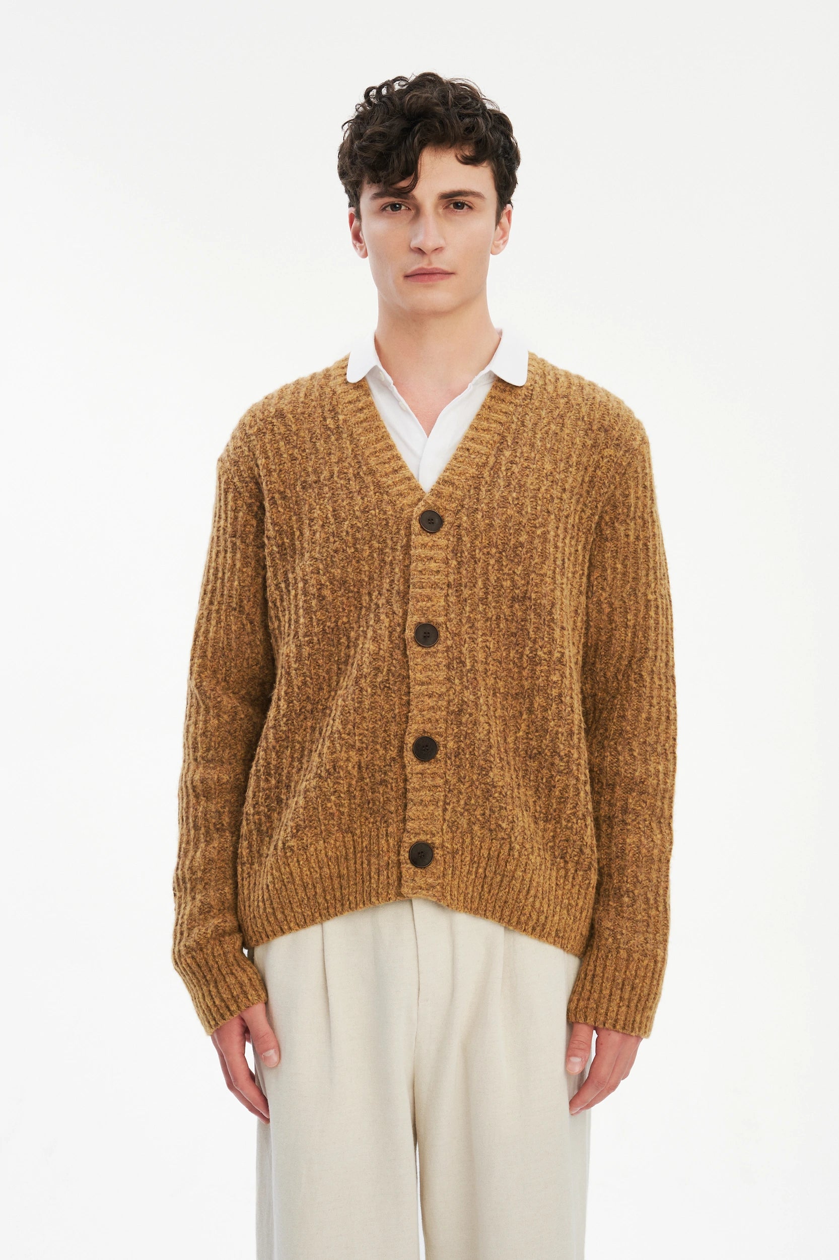 Cardigan in the Finest Italian Mustard Melange Lambs Wool