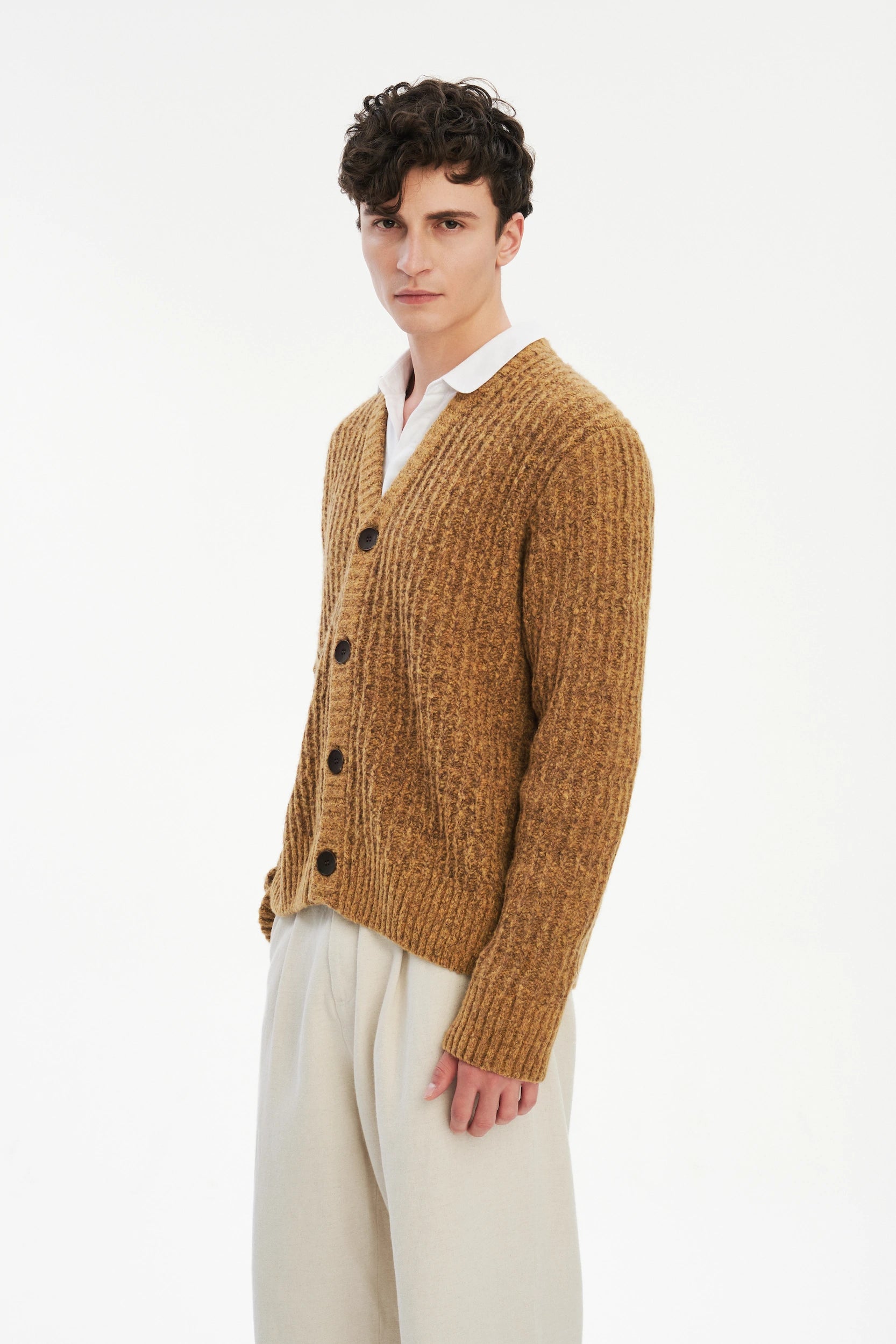 Cardigan in the Finest Italian Mustard Melange Lambs Wool