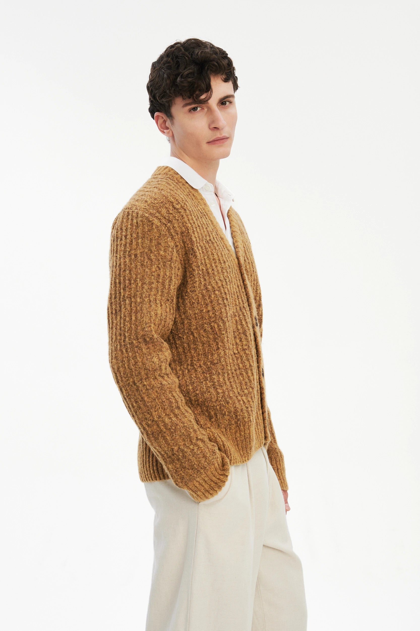 Cardigan in the Finest Italian Mustard Melange Lambs Wool