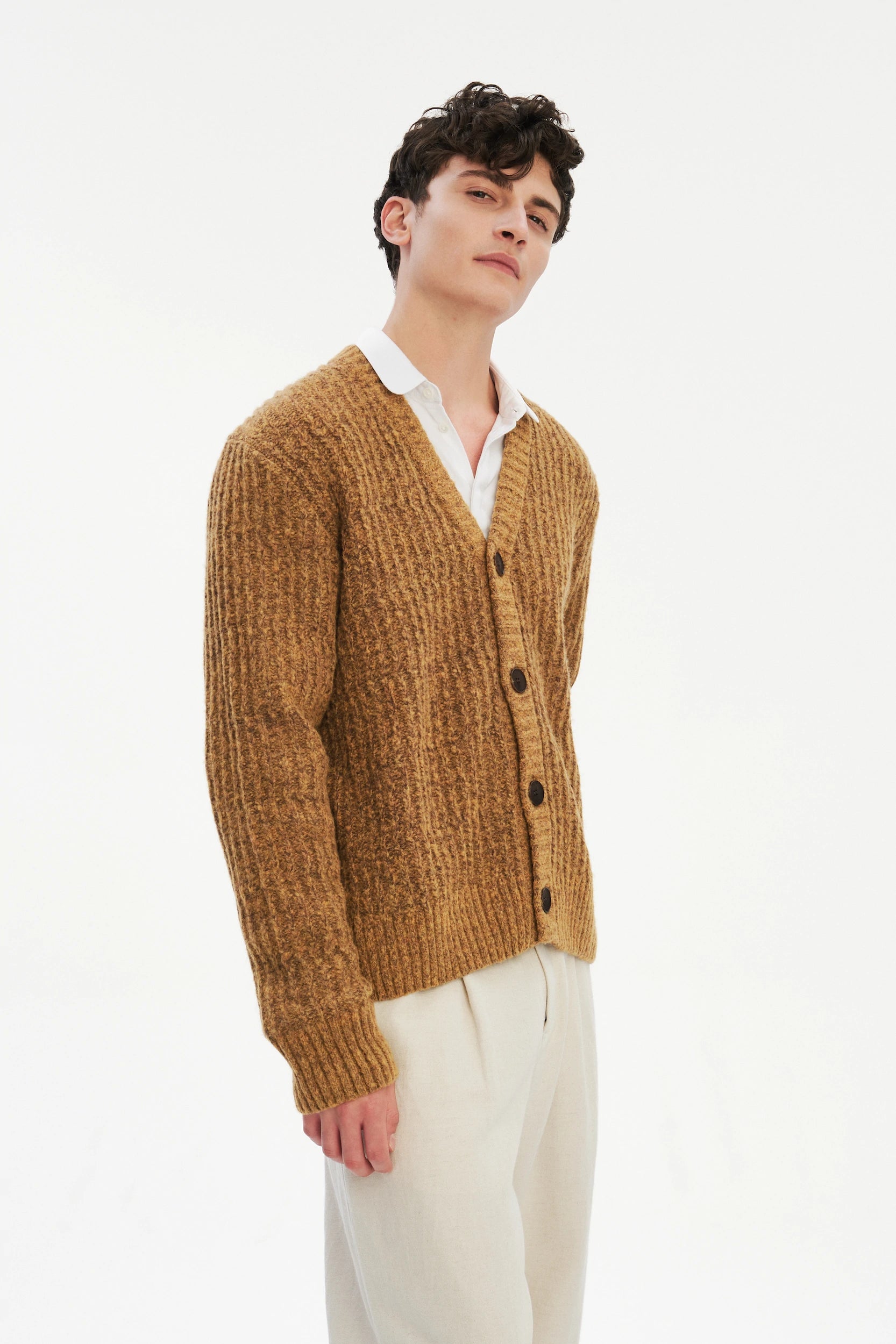 Cardigan in the Finest Italian Mustard Melange Lambs Wool