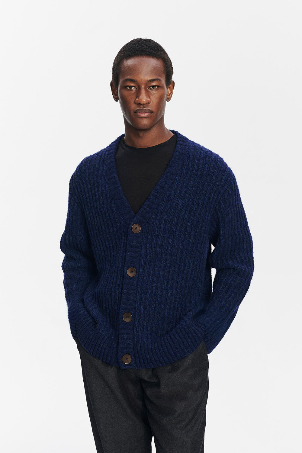 Cardigan in the Finest Italian Navy Blue Melange Lambs Wool
