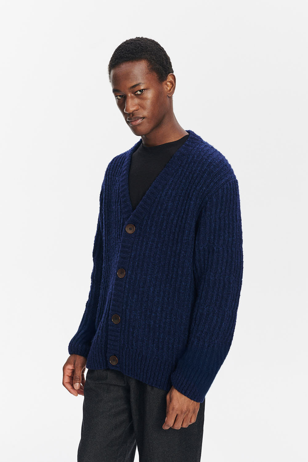 Cardigan in the Finest Italian Navy Blue Melange Lambs Wool