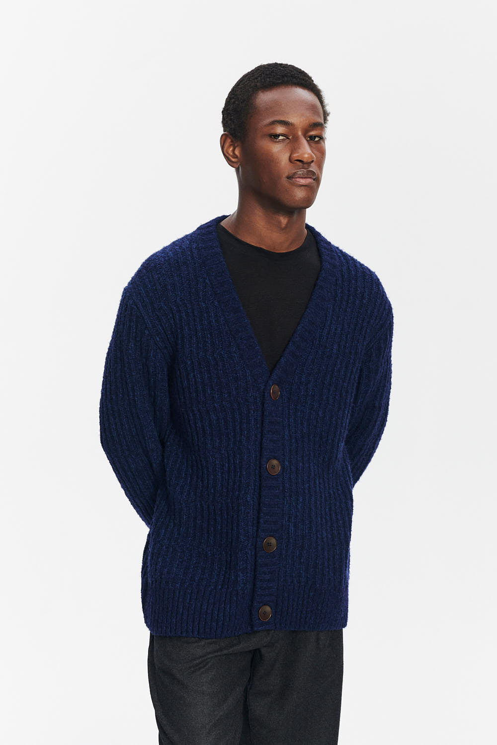 Cardigan in the Finest Italian Navy Blue Melange Lambs Wool