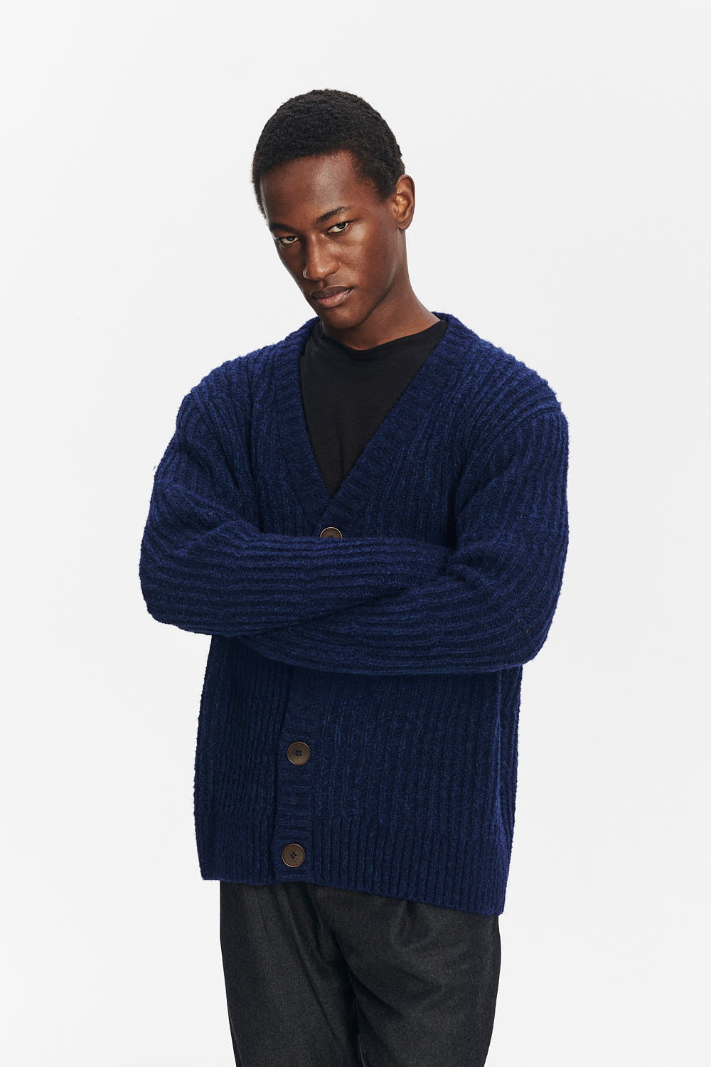 Cardigan in the Finest Italian Navy Blue Melange Lambs Wool