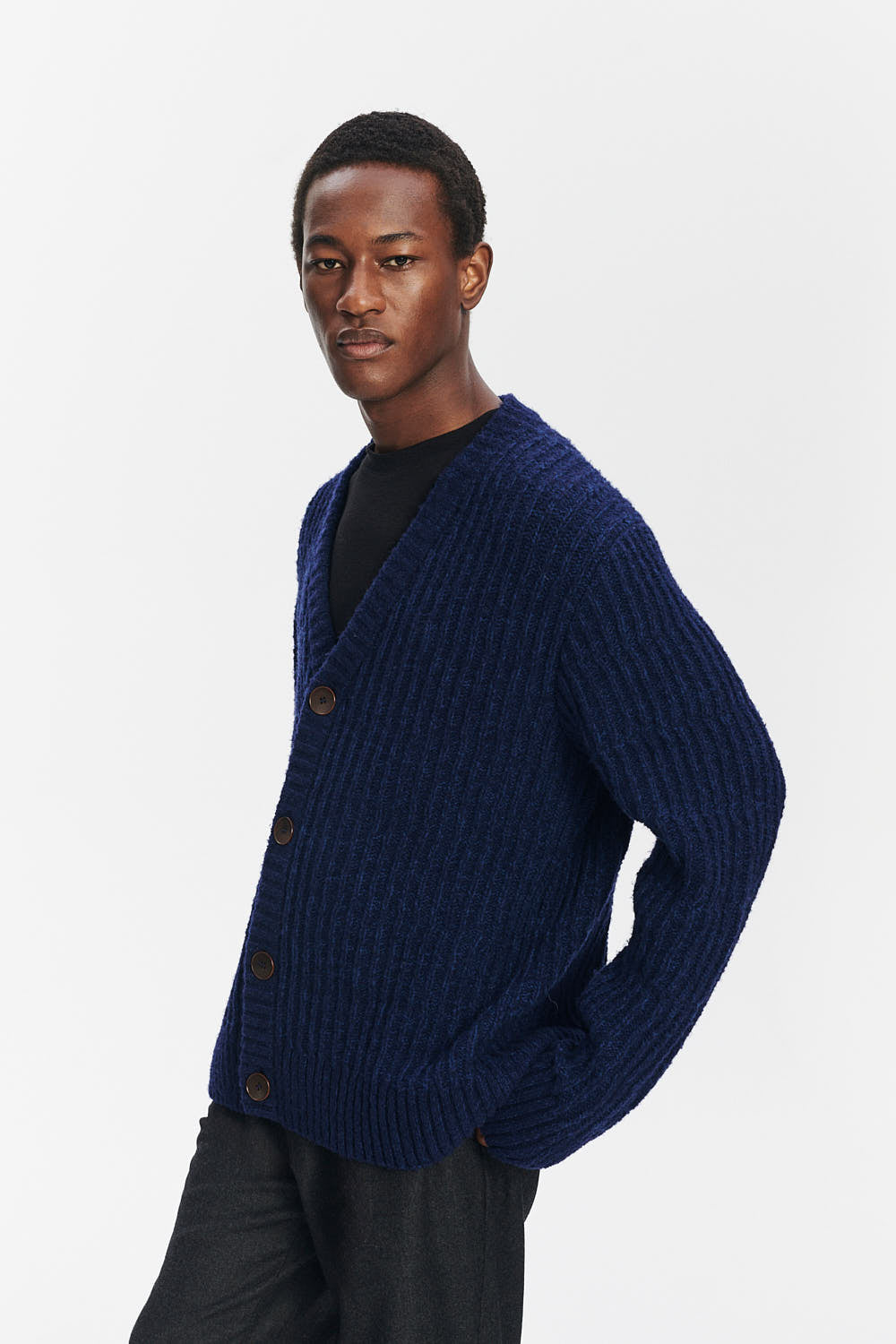 Cardigan in the Finest Italian Navy Blue Melange Lambs Wool