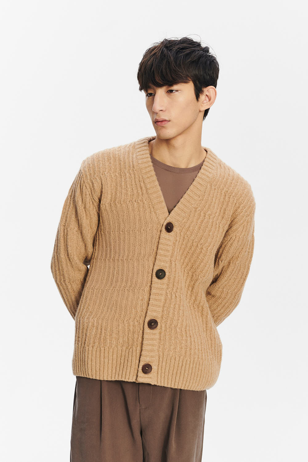 Cardigan in the Finest Italian Beige Melange Lambs Wool