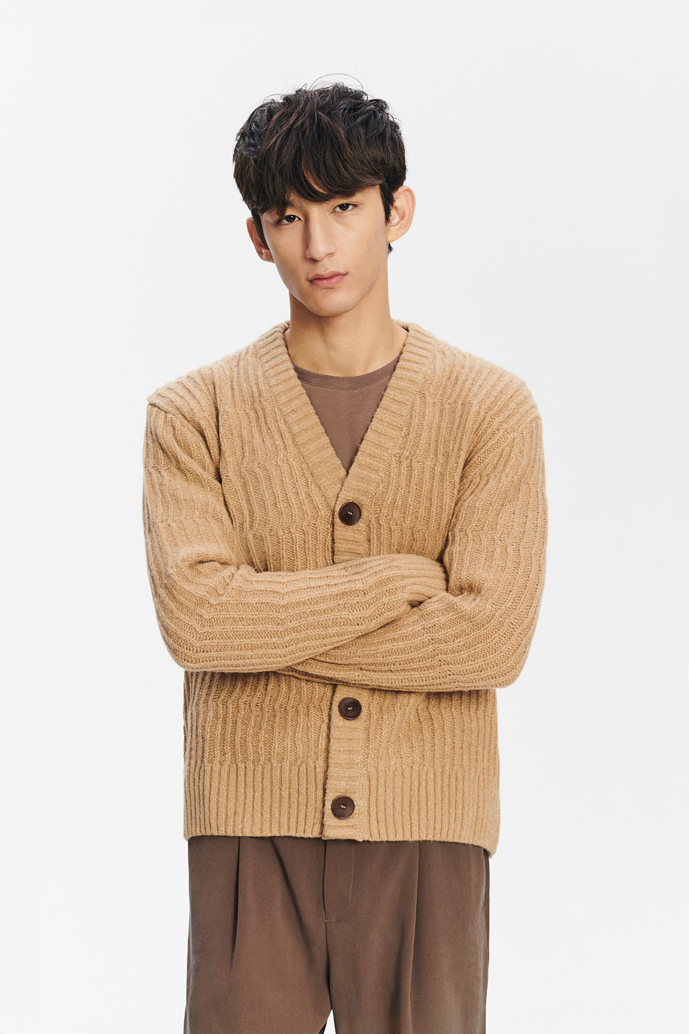 Cardigan in the Finest Italian Beige Melange Lambs Wool