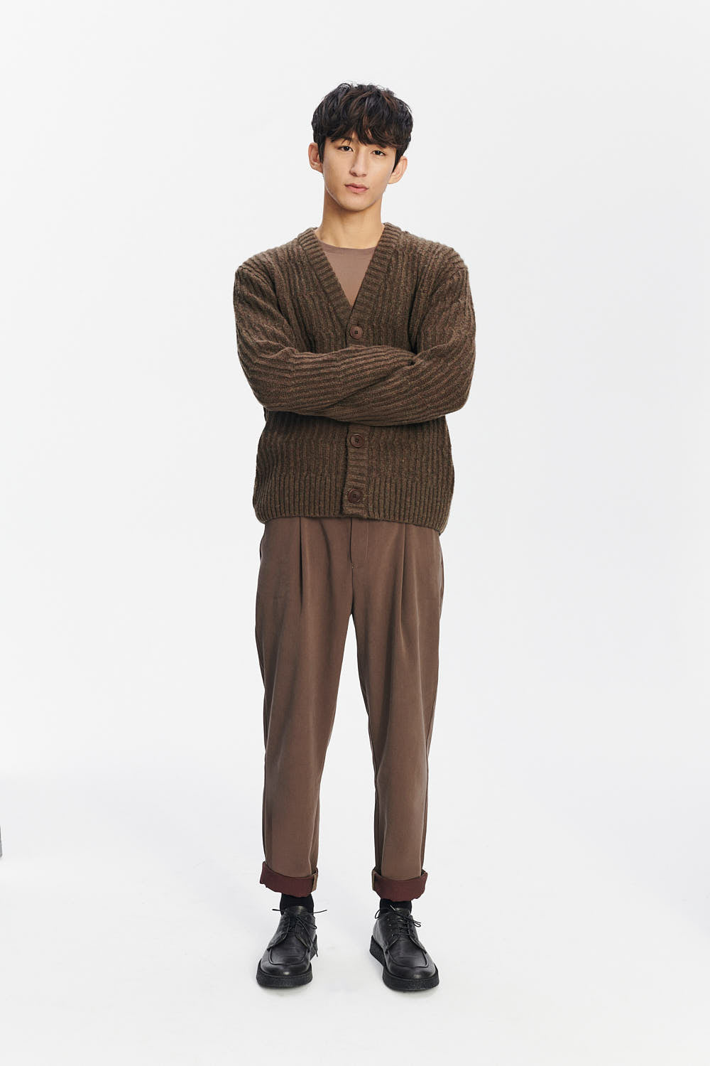 Cardigan in the Finest Italian Brown Green Melange Lambs Wool