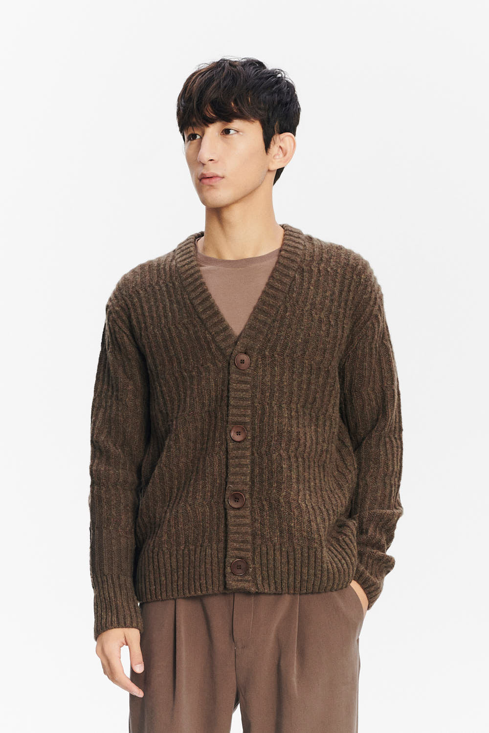 Cardigan in the Finest Italian Brown Green Melange Lambs Wool