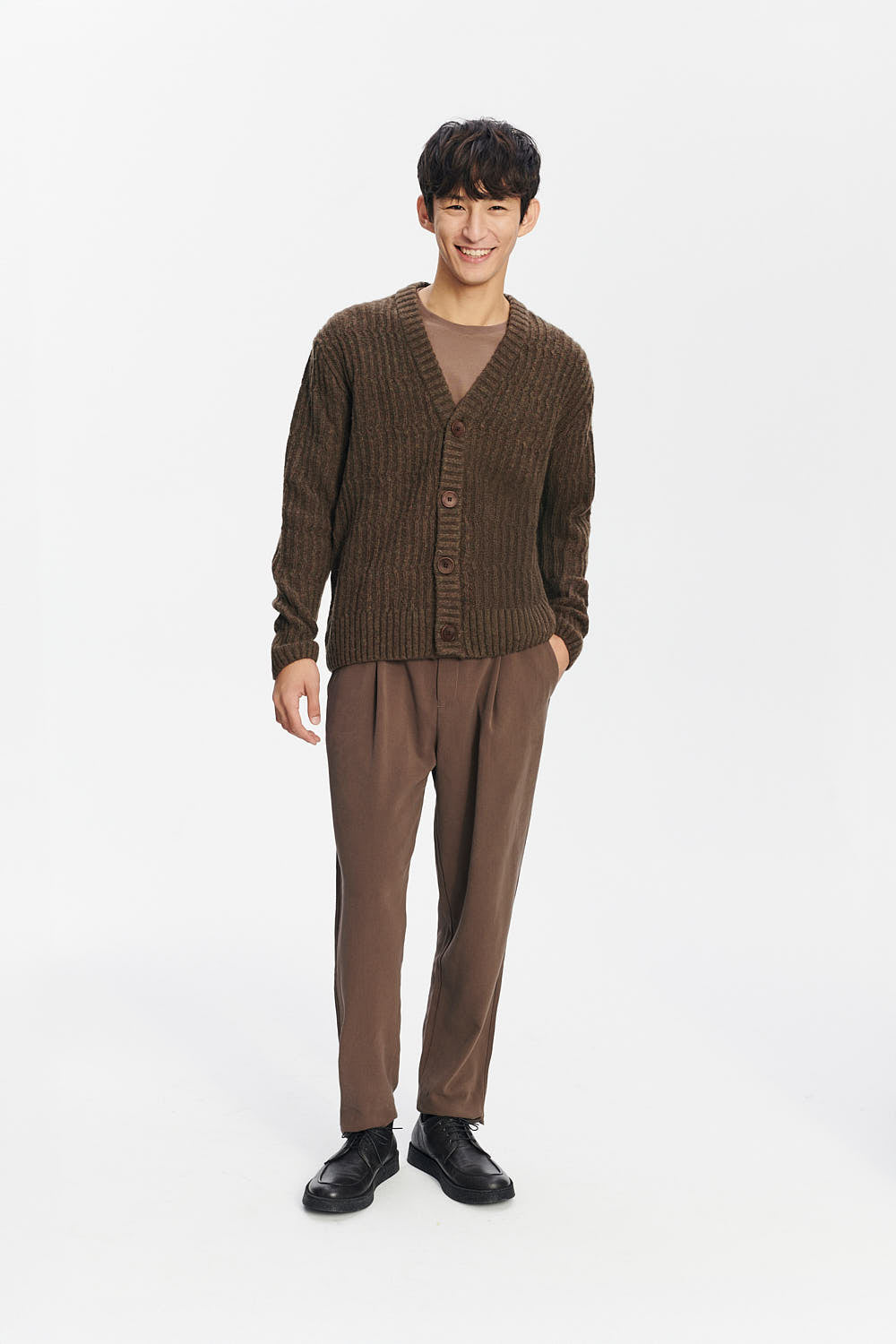 Cardigan in the Finest Italian Brown Green Melange Lambs Wool