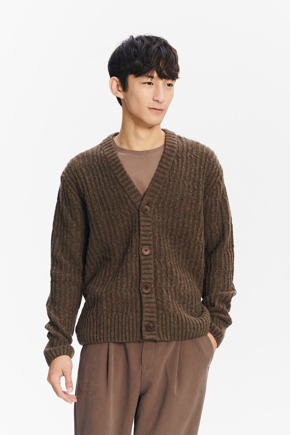 Cardigan in the Finest Italian Brown Green Melange Lambs Wool