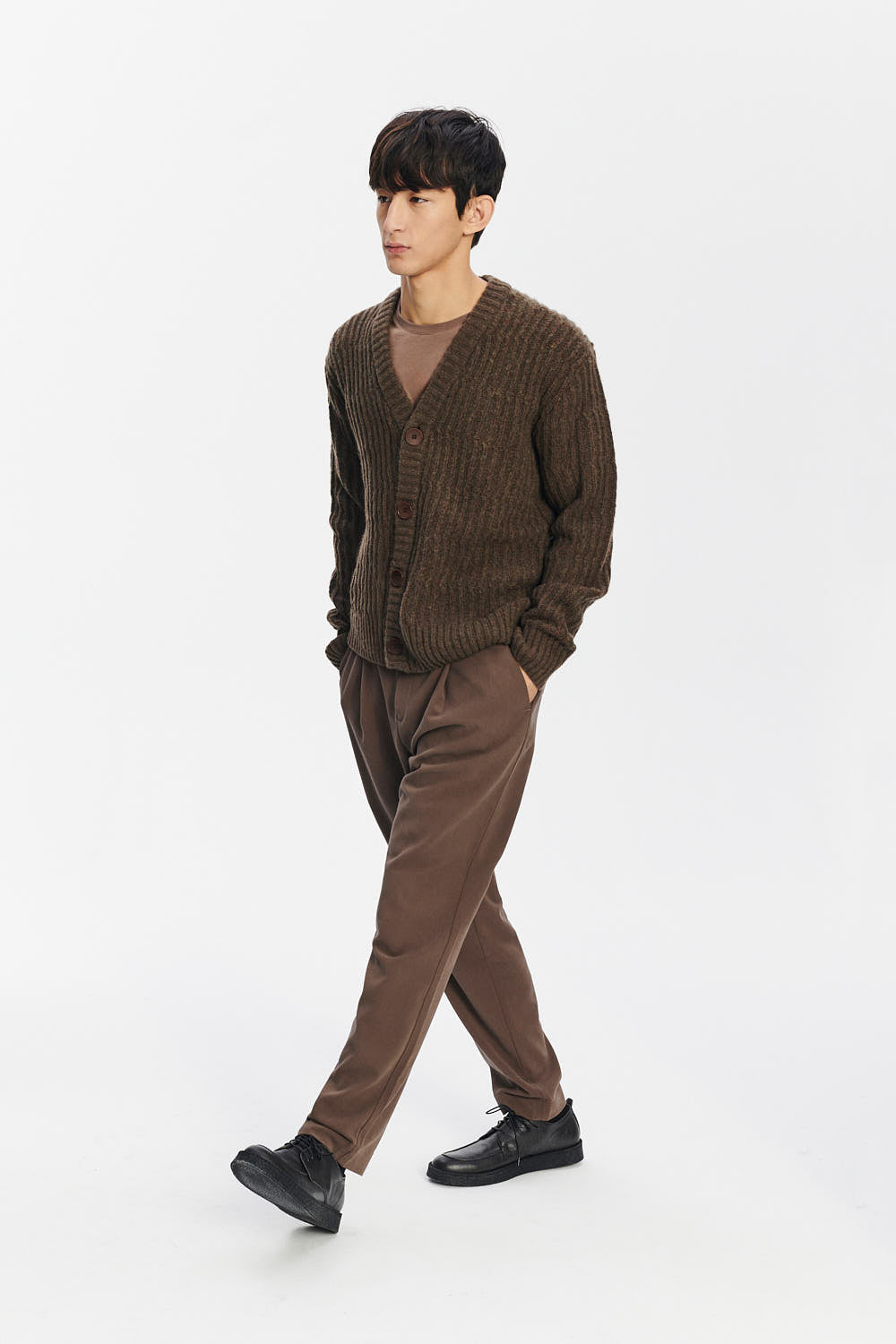 Cardigan in the Finest Italian Brown Green Melange Lambs Wool