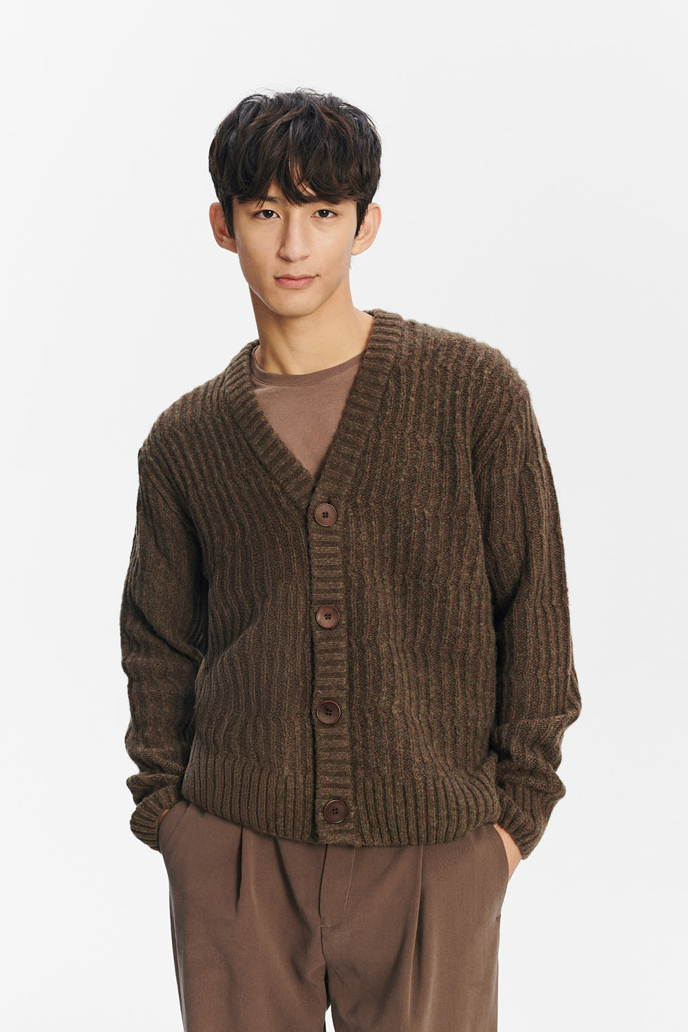 Cardigan in the Finest Italian Brown Green Melange Lambs Wool