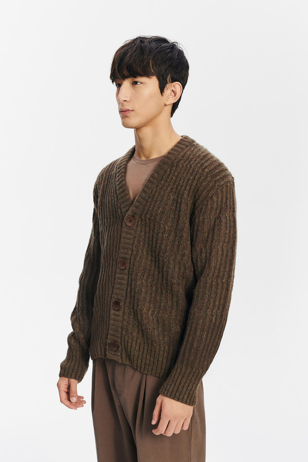 Cardigan in the Finest Italian Brown Green Melange Lambs Wool